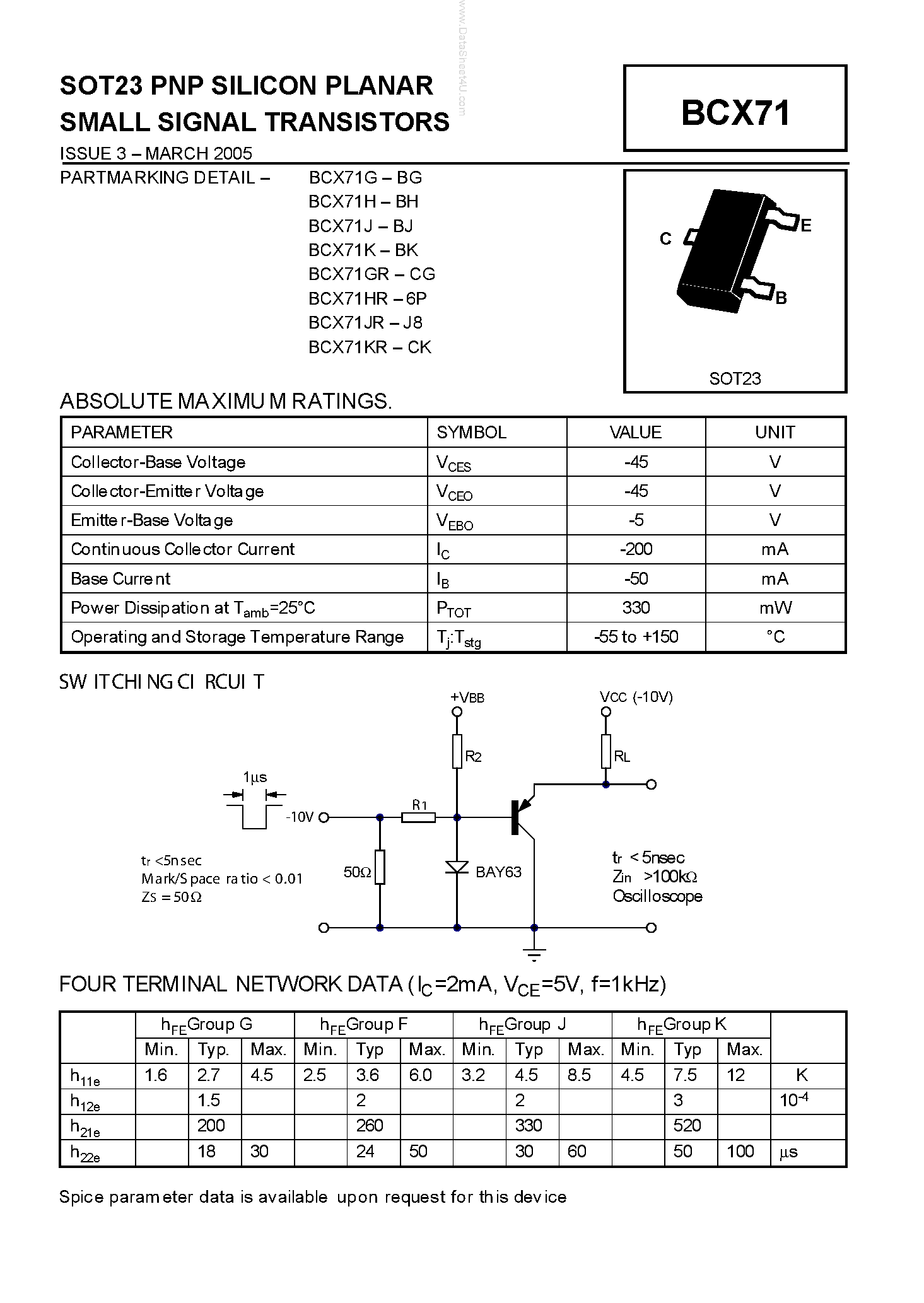 Datasheet BCX71 - SOT23 PNP SILICON PLANAR SMALL SIGNAL TRANSISTORS page 1