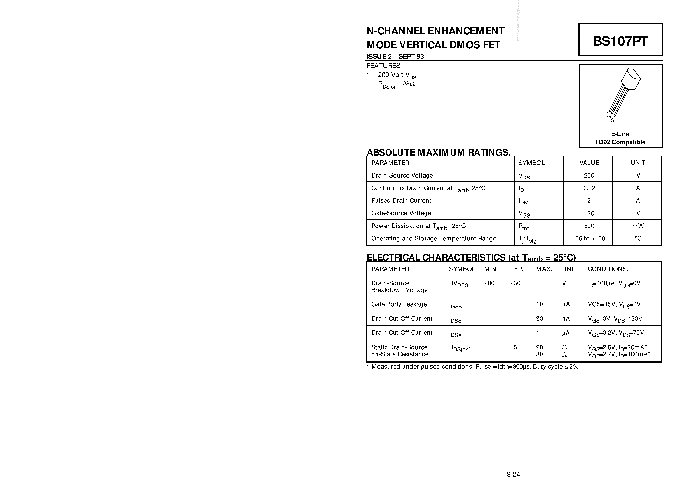 Datasheet BS107PT - N-CHANNEL ENHANCEMENT MODE VERTICAL DMOS FET page 1