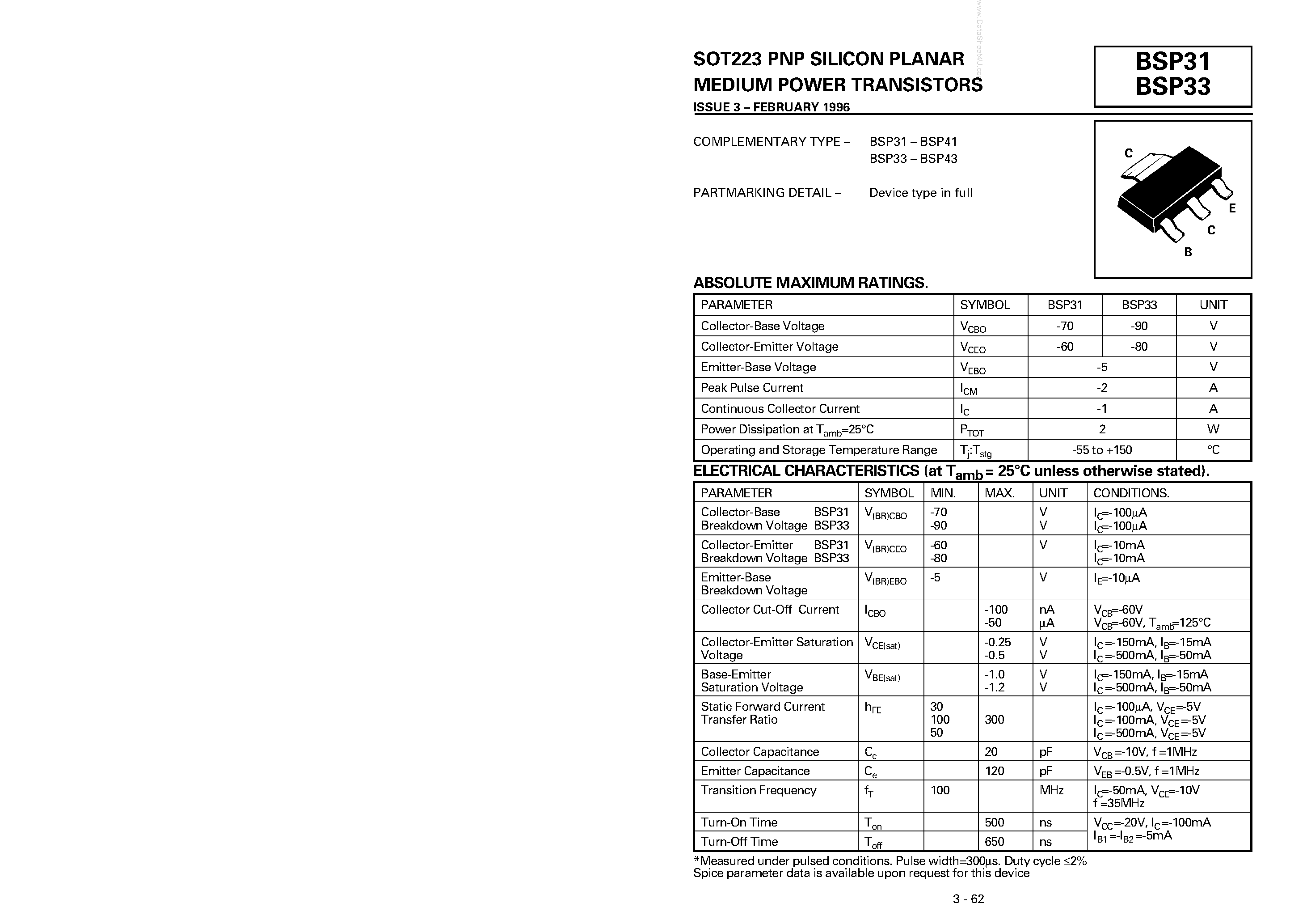Даташит BSP31 - (BSP31 / BSP33) SOT223 PNP SILICON PLANAR MEDIUM POWER TRANSISTORS страница 1