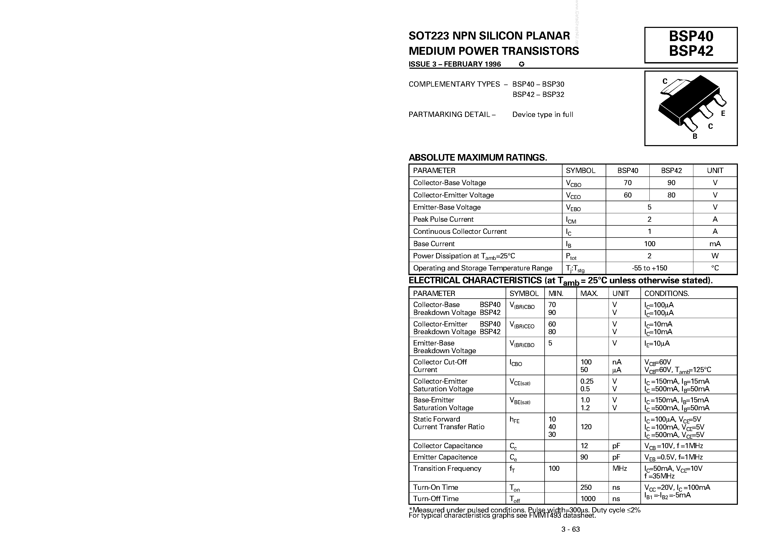 Даташит BSP40 - (BSP40 / BSP42) SOT223 NPN SILICON PLANAR MEDIUM POWER TRANSISTORS страница 1