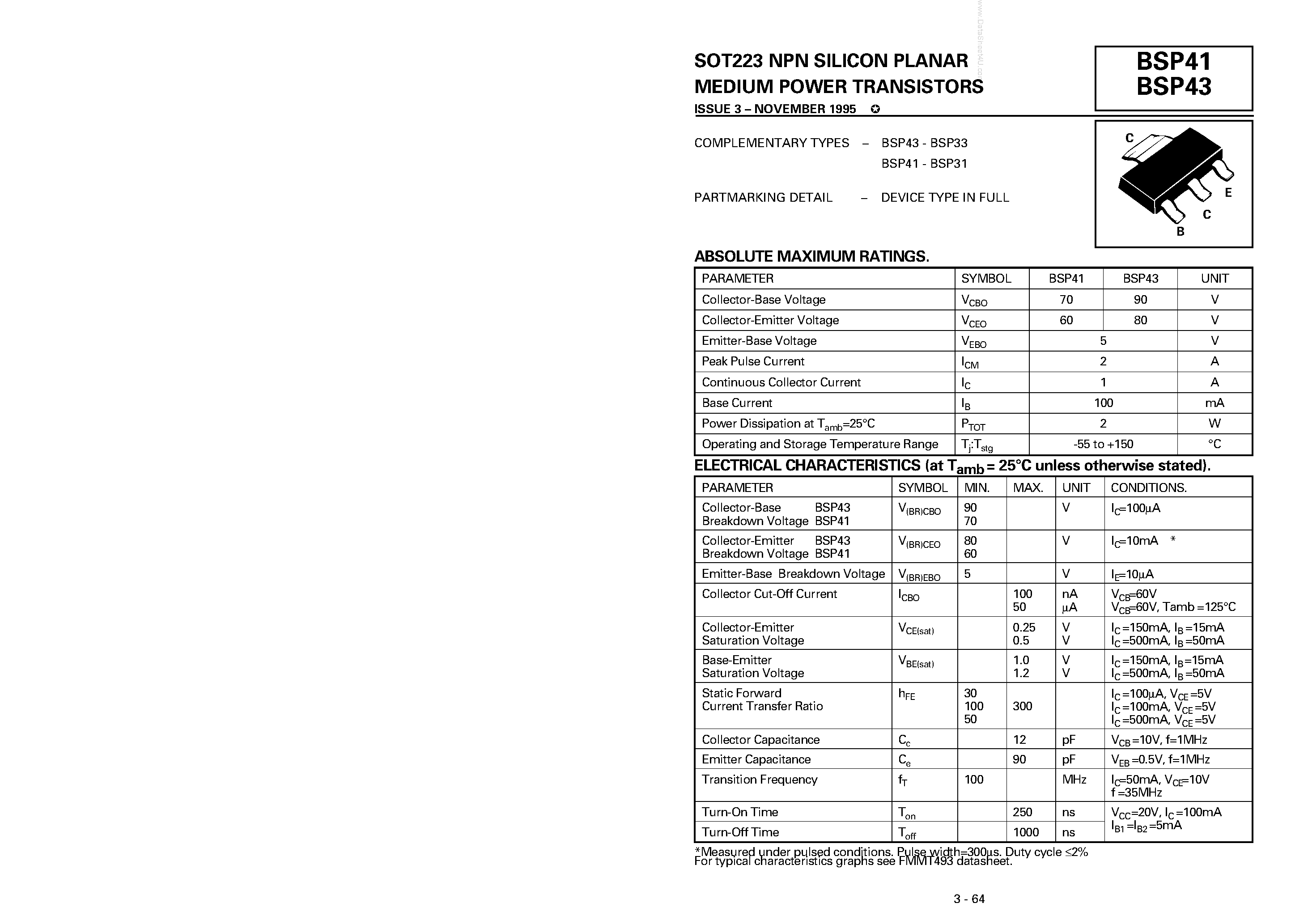 Даташит BSP41 - (BSP41 / BSP43) SOT223 NPN SILICON PLANAR MEDIUM POWER TRANSISTORS страница 1