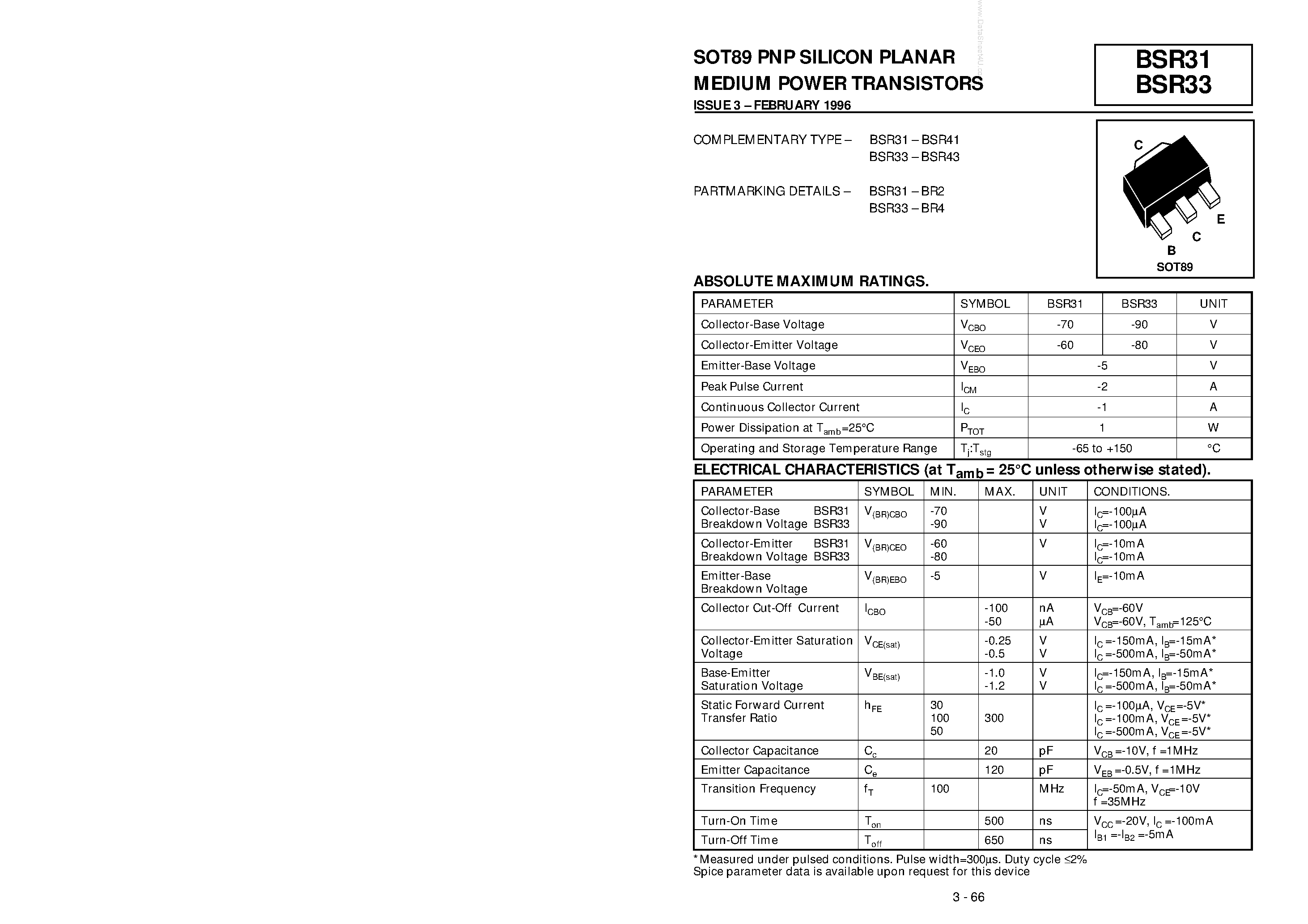 Даташит BSR31 - (BSR31 / BSR33) SOT89 PNP SILICON PLANAR MEDIUM POWER TRANSISTORS страница 1