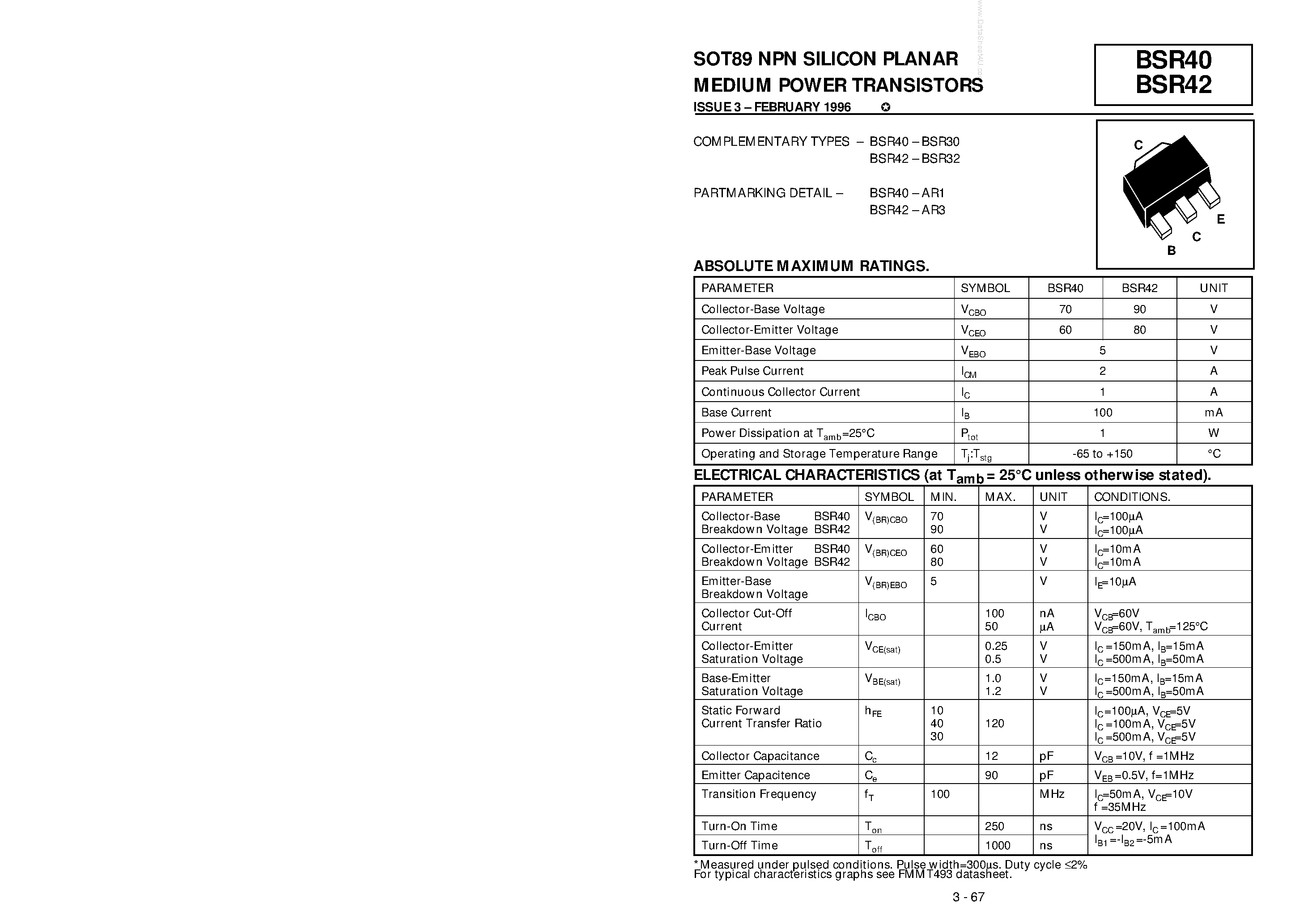 Даташит BSR40 - (BSR40 / BSR42) SOT89 NPN SILICON PLANAR MEDIUM POWER TRANSISTORS страница 1