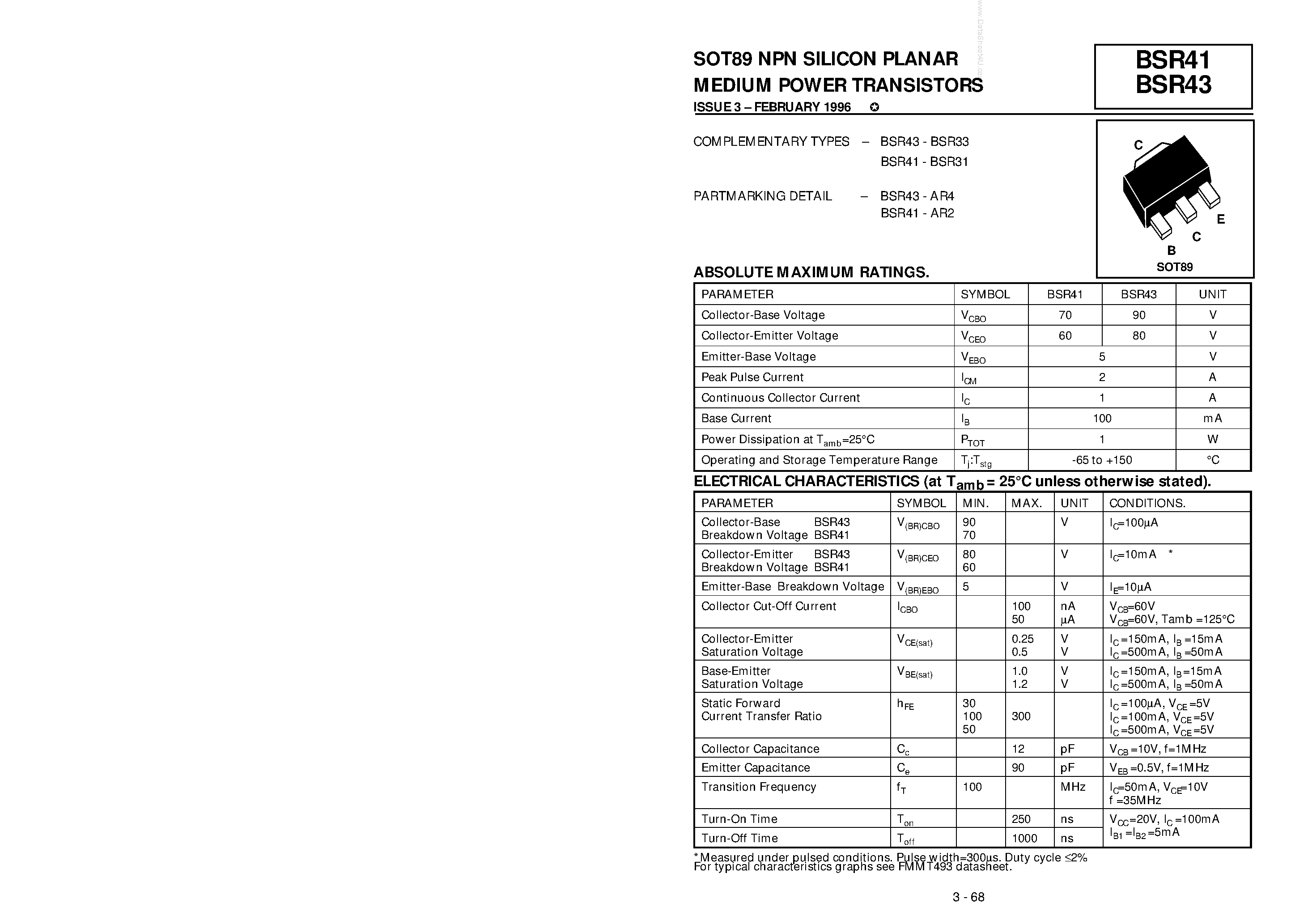 Даташит BSR41 - (BSR41 / BSR43) SOT89 NPN SILICON PLANAR MEDIUM POWER TRANSISTORS страница 1
