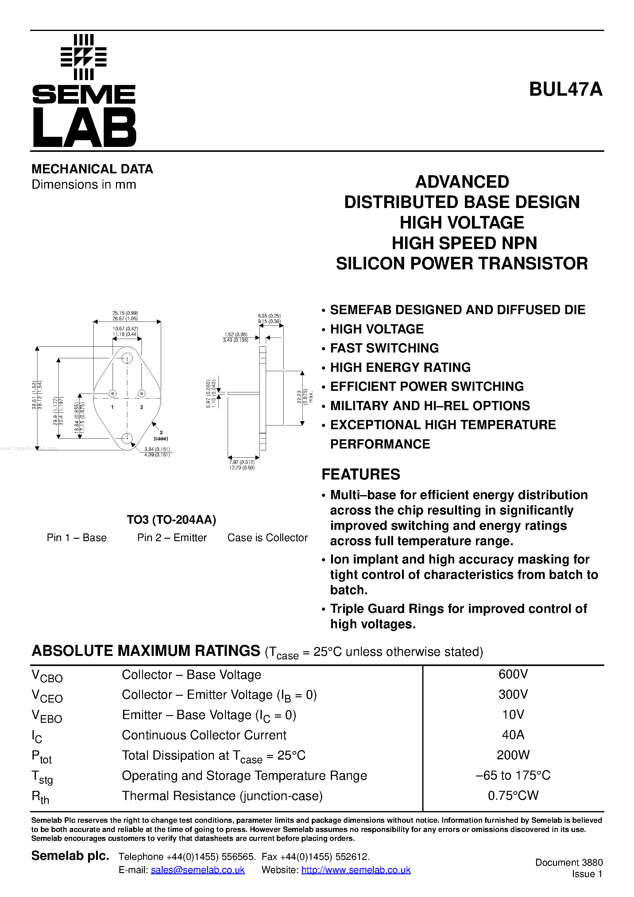 Datasheet BUL47A - ADVANCED DISTRIBUTED BASE DESIGN HIGH VOLTAGE HIGH SPEED NPN SILICON POWER TRANSISTOR page 1