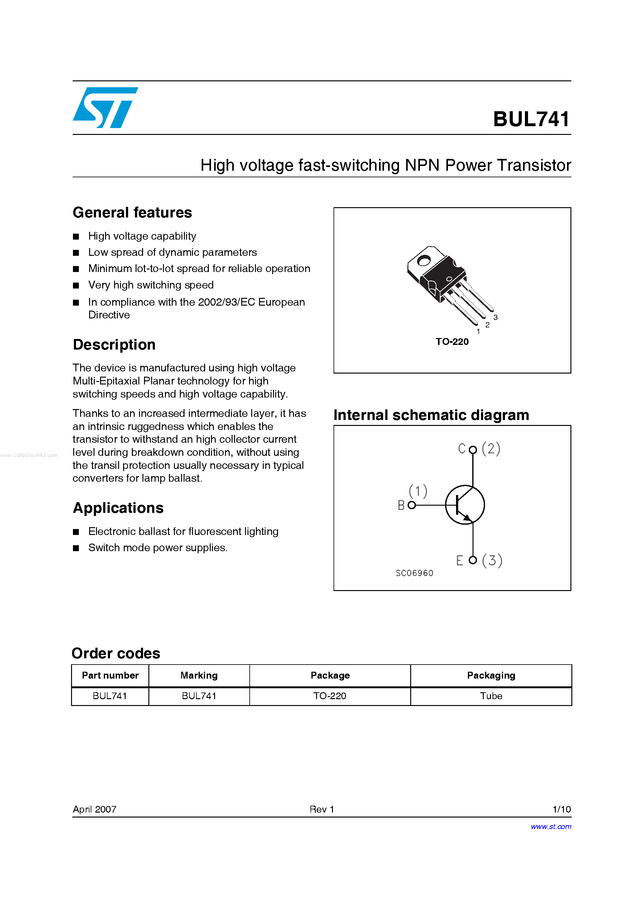 Даташит на микросхему BUL741 страница 1 Даташит BUL741 - High voltage fast-switching NPN Power Transistor страница 1