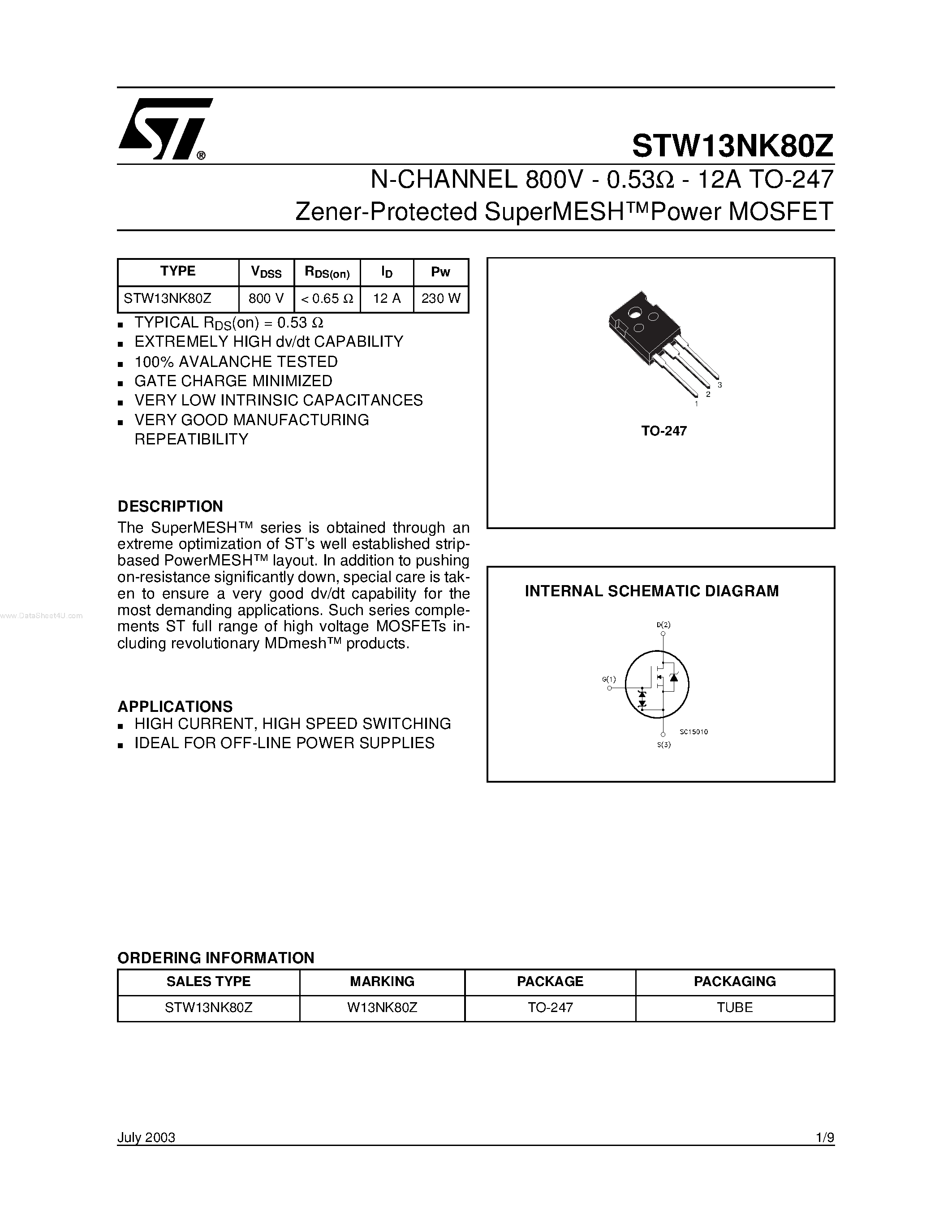 Datasheet STW13NK80Z page 1 Datasheet STW13NK80Z - N-CHANNEL Power MOSFET page 1