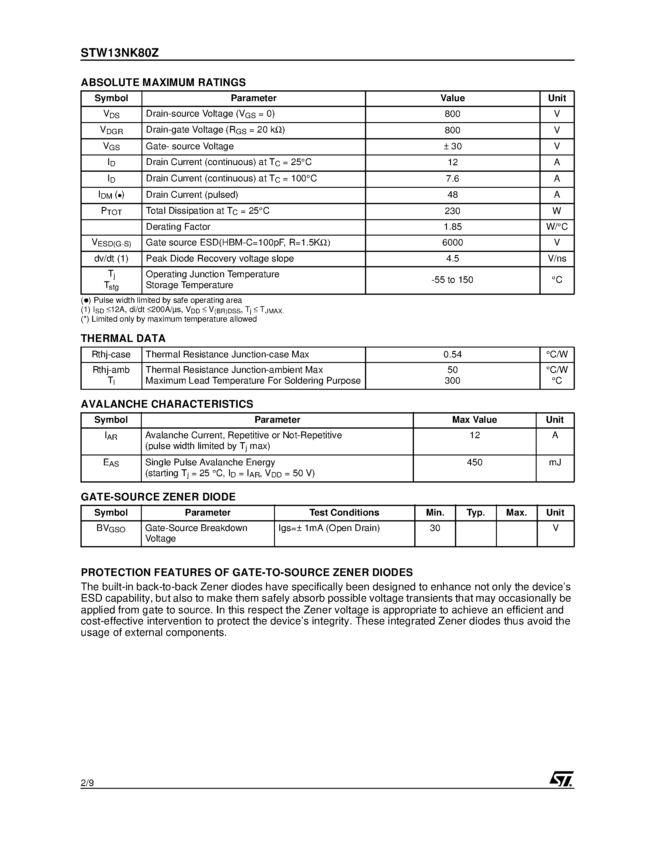 Datasheet STW13NK80Z page 2 Datasheet STW13NK80Z - N-CHANNEL Power MOSFET page 2
