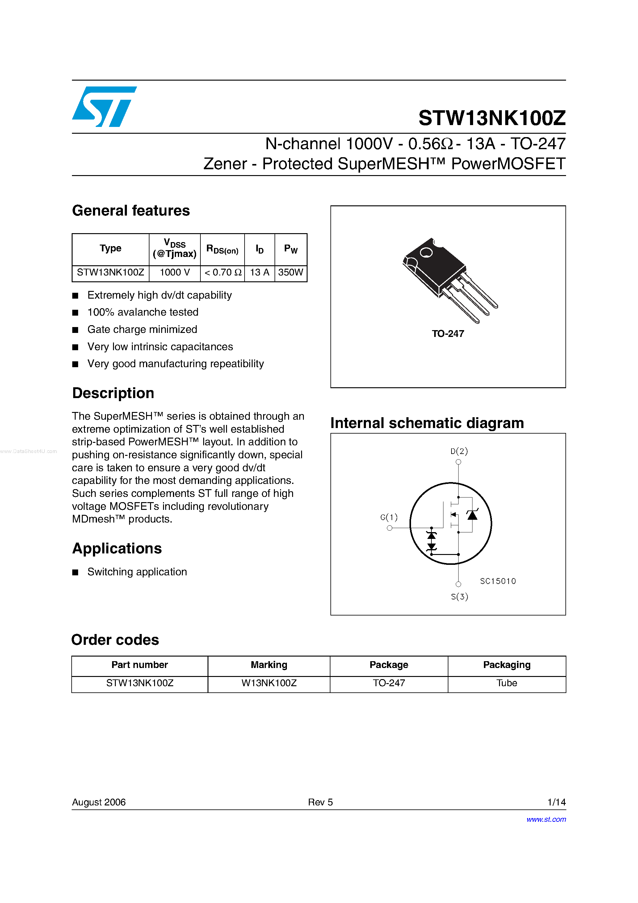 Datasheet STW13NK100Z - N-CHANNEL Power MOSFET page 1