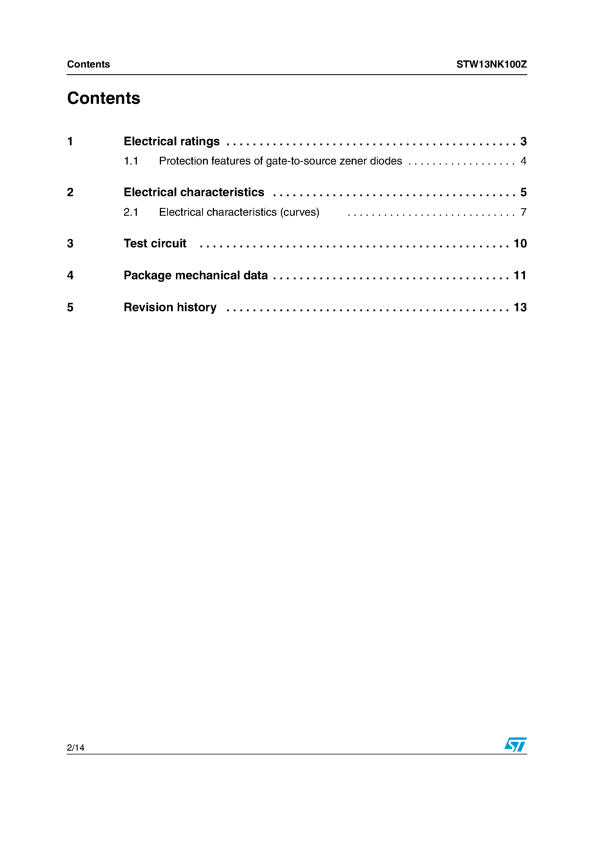 Datasheet STW13NK100Z - N-CHANNEL Power MOSFET page 2