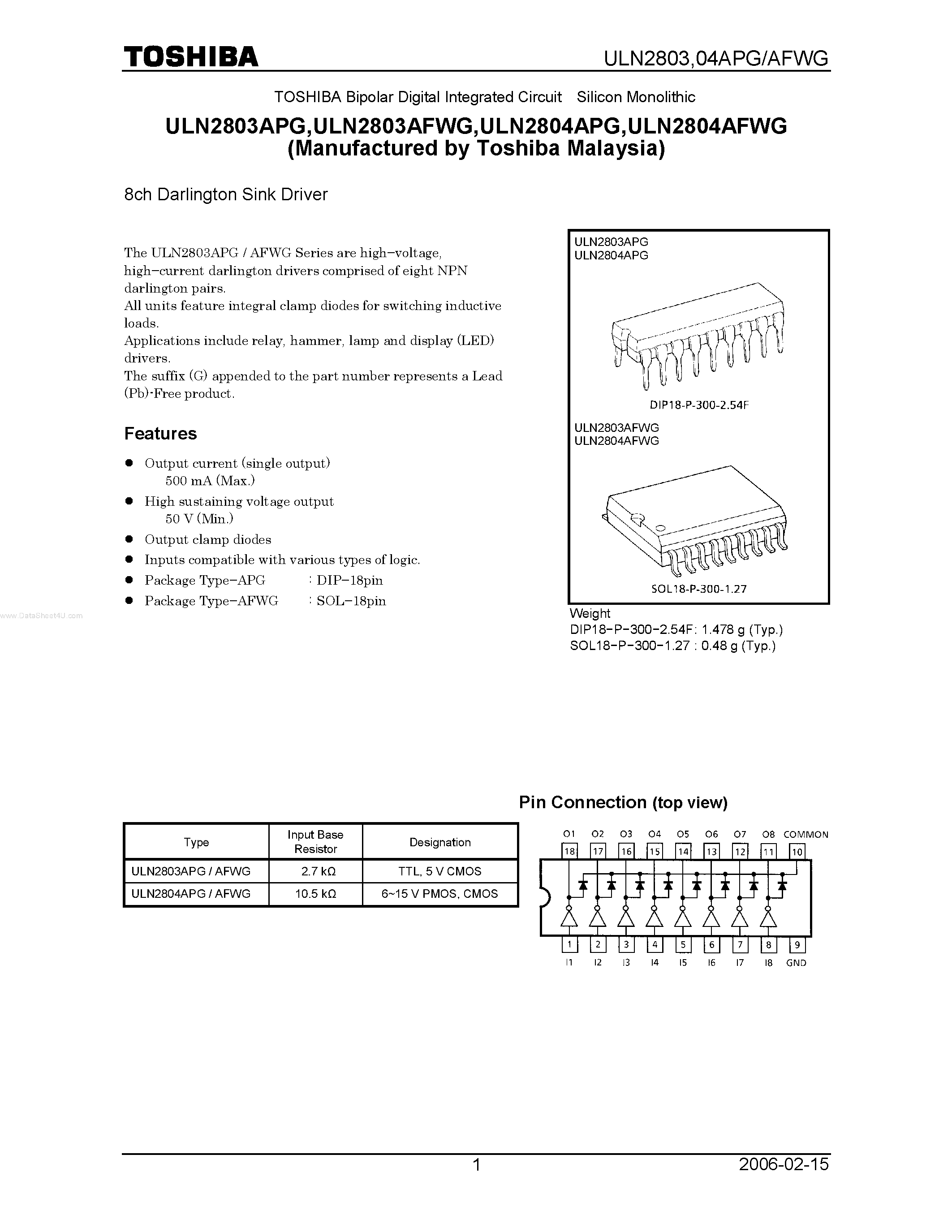 Datasheet ULN2803AFWG - (ULN280xAxxx) 8ch Darlington Sink Driver page 1