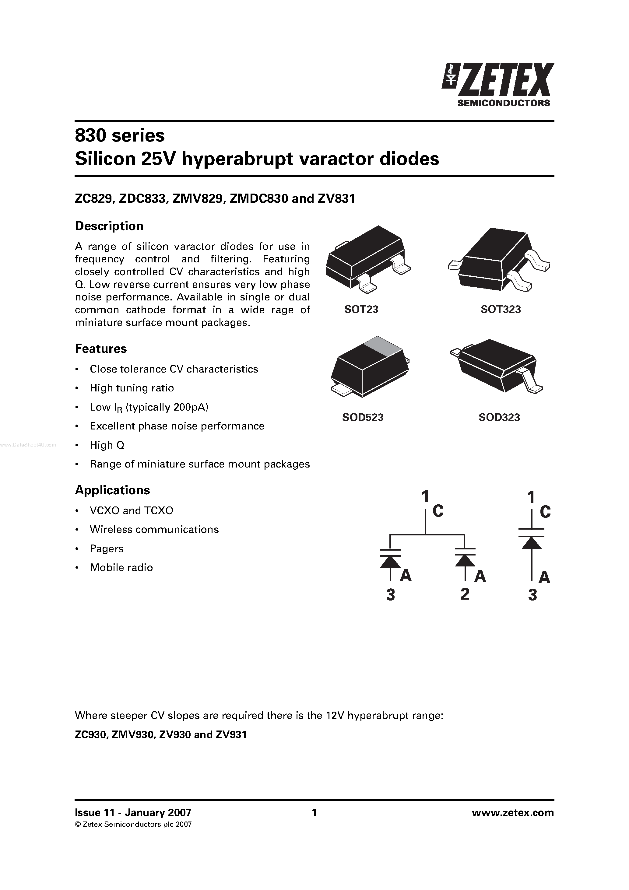 Datasheet ZMV829 page 1 Datasheet ZMV829 - Silicon 25V hyperabrupt varactor diodes page 1