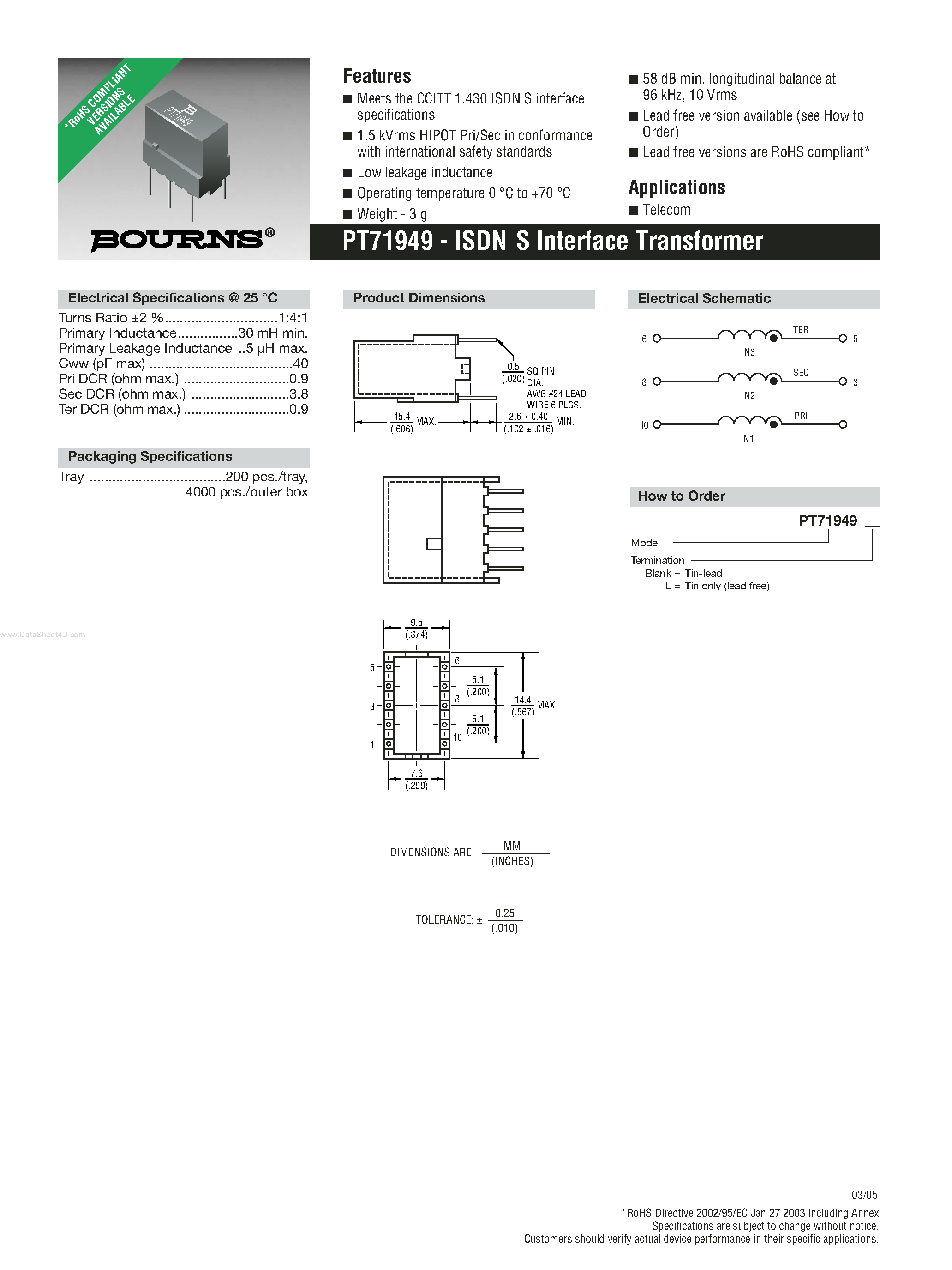 Datasheet PT71949 page 1 Datasheet PT71949 - ISDN S Interface Transformer page 1