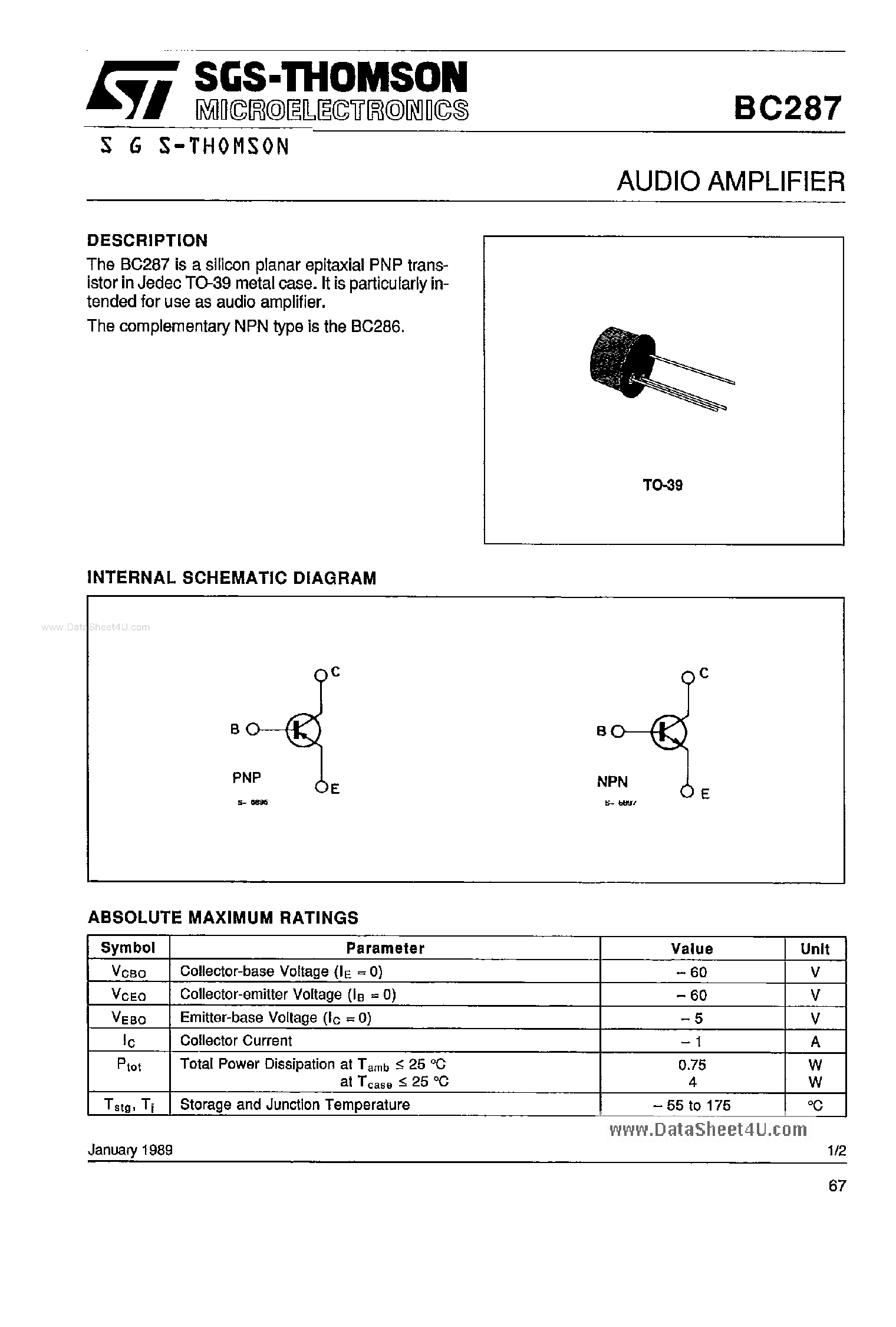 Datasheet BC287 - AUdio Amplifier page 1