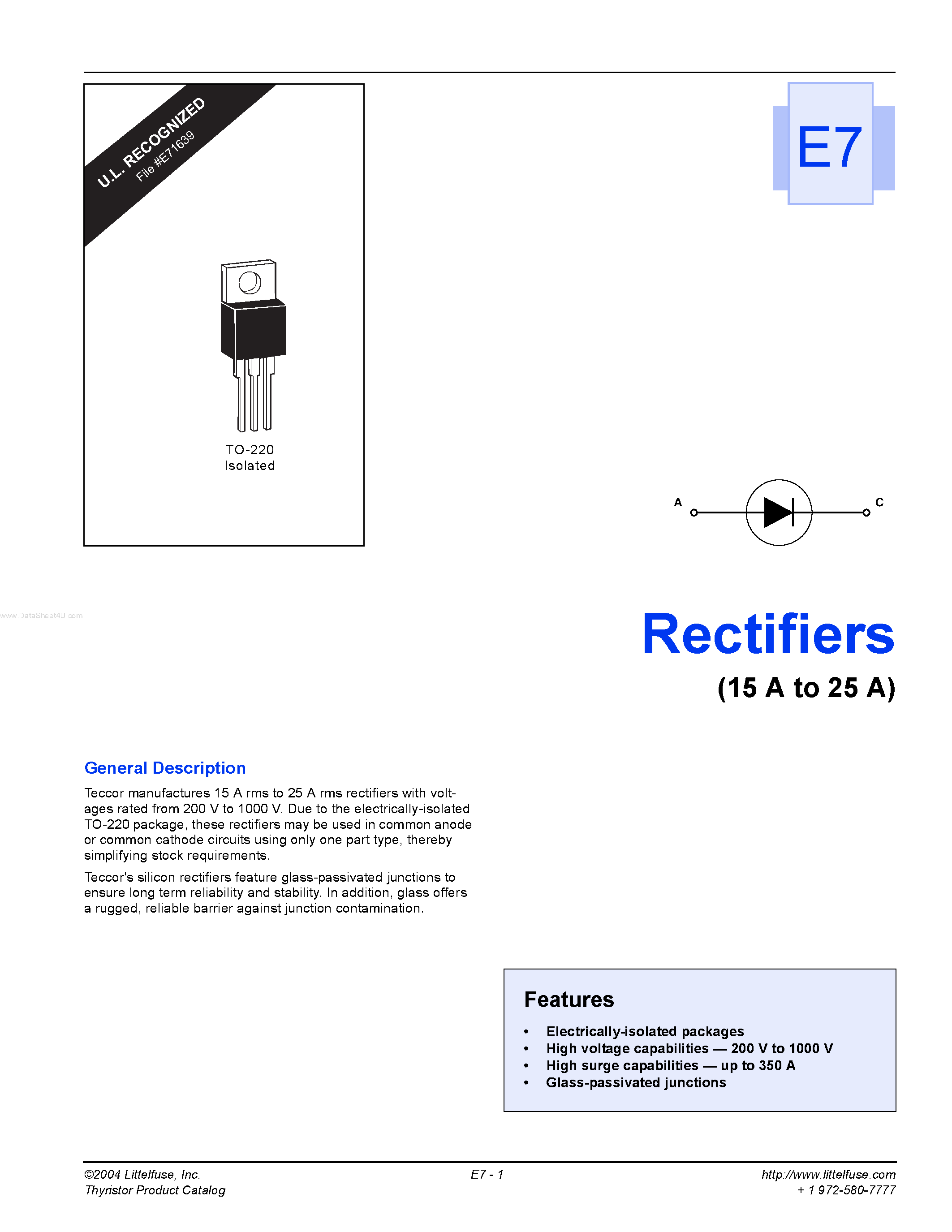 Datasheet D4015L - Teccor manufactures 15 A rms to 25 A rms rectifiers page 1