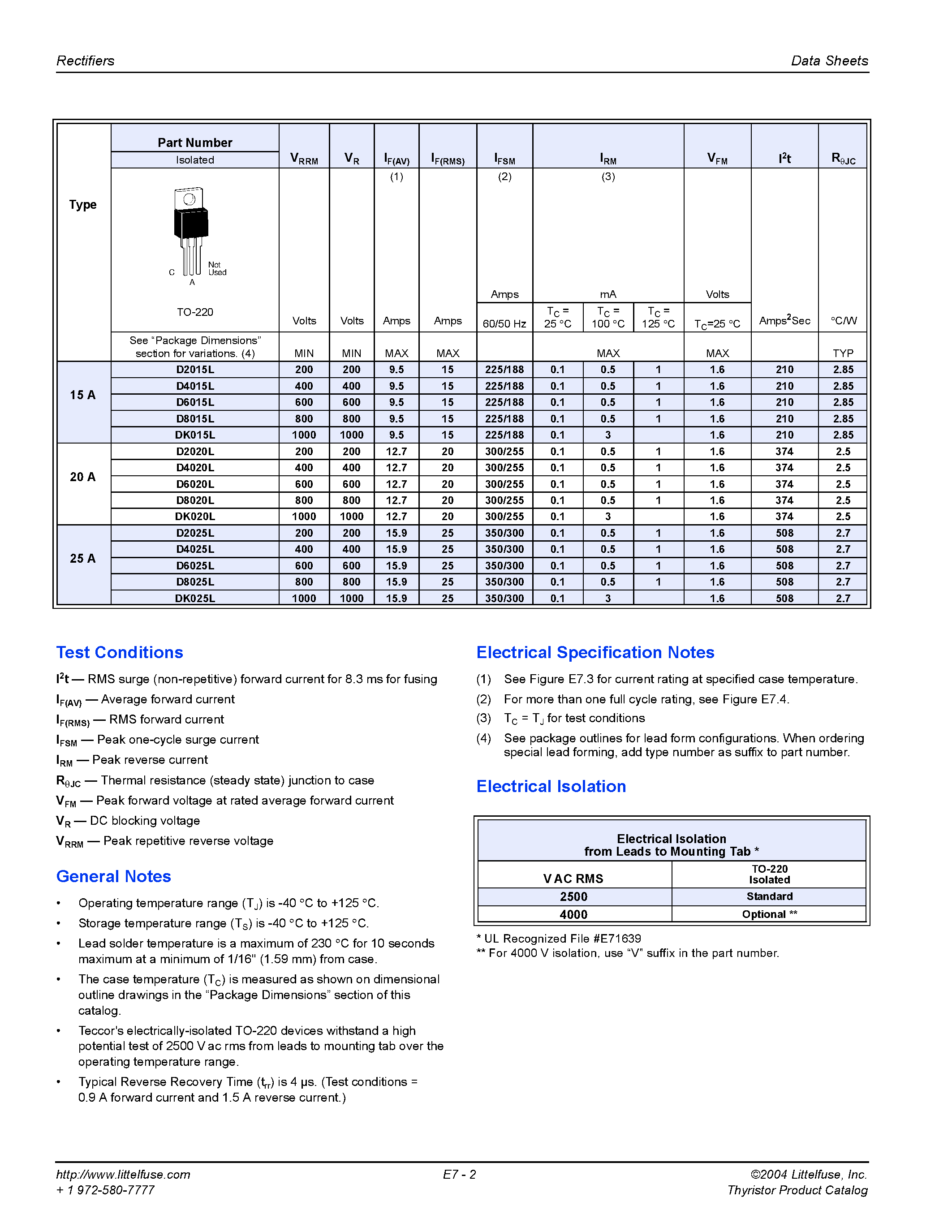 Datasheet D4015L - Teccor manufactures 15 A rms to 25 A rms rectifiers page 2
