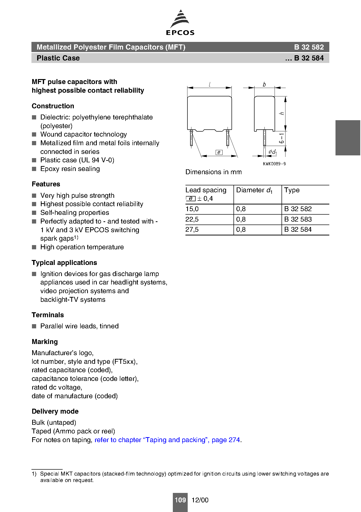 Datasheet B32582 - (B32582 - B32584) MFT pulse capacitors page 2