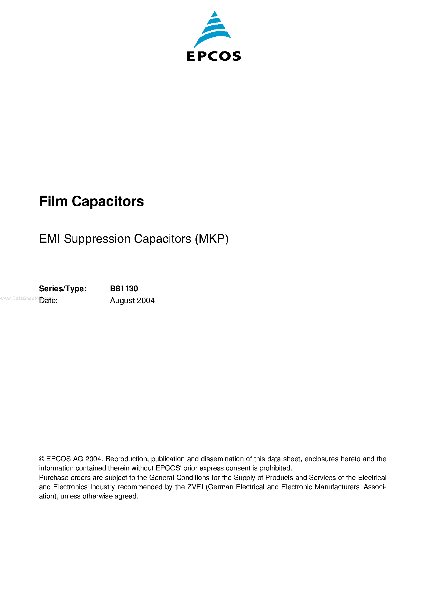 Datasheet B81130 - EMI suppression capacitors page 1