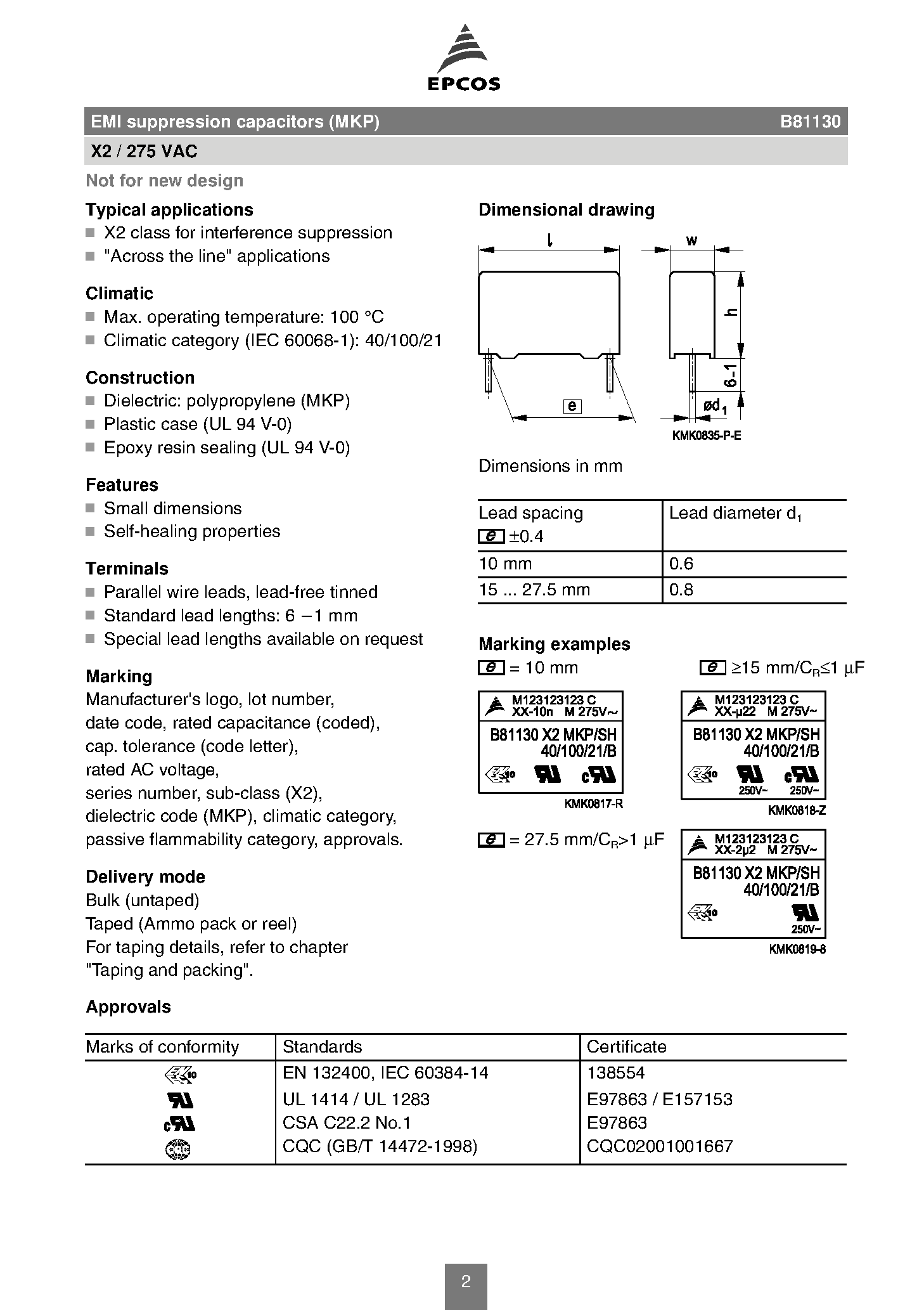 Datasheet B81130 - EMI suppression capacitors page 2