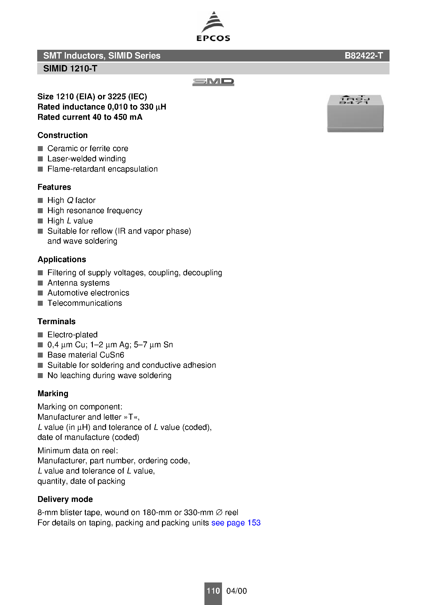 Datasheet B82422-T - inductance page 1