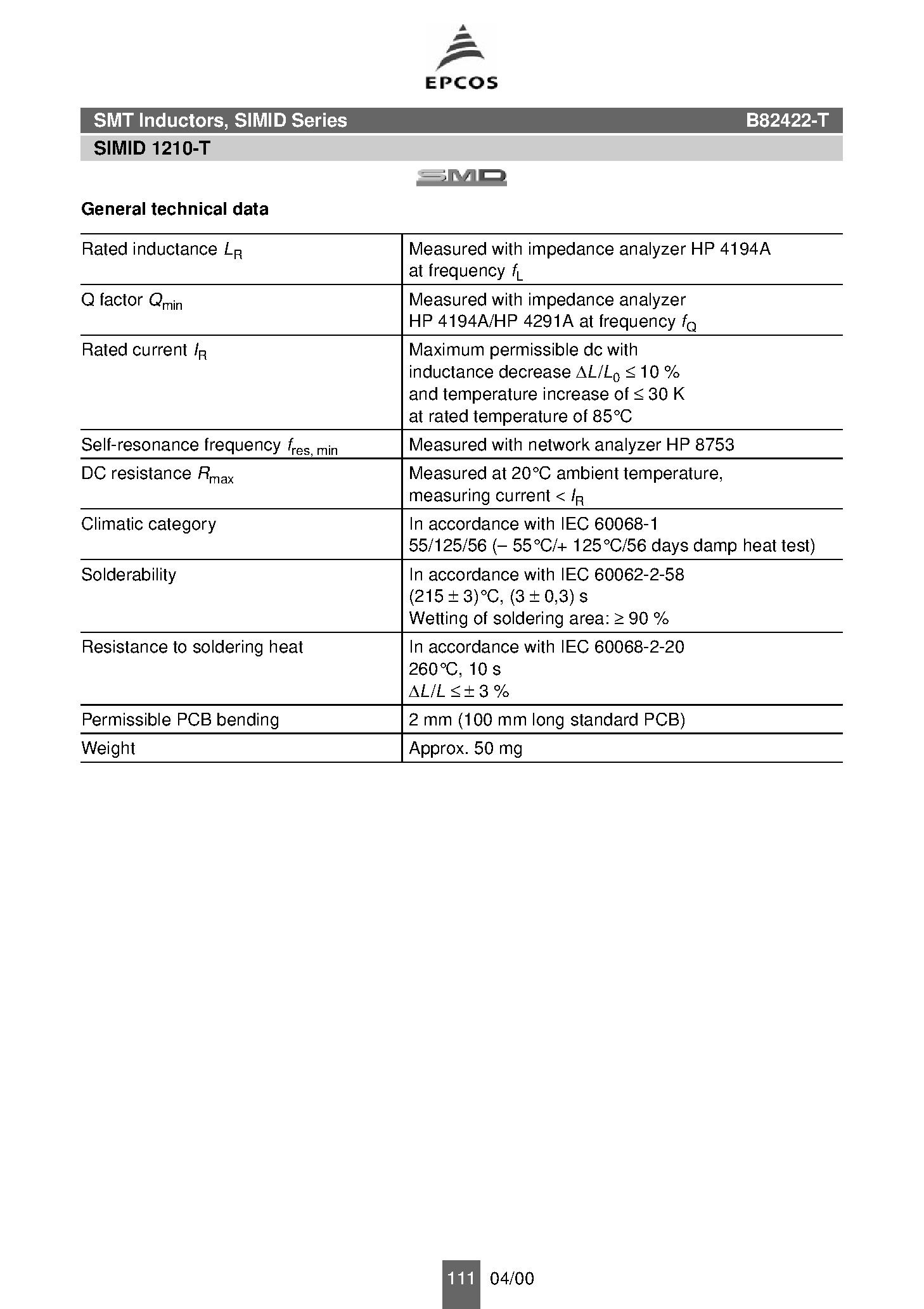 Datasheet B82422-T - inductance page 2
