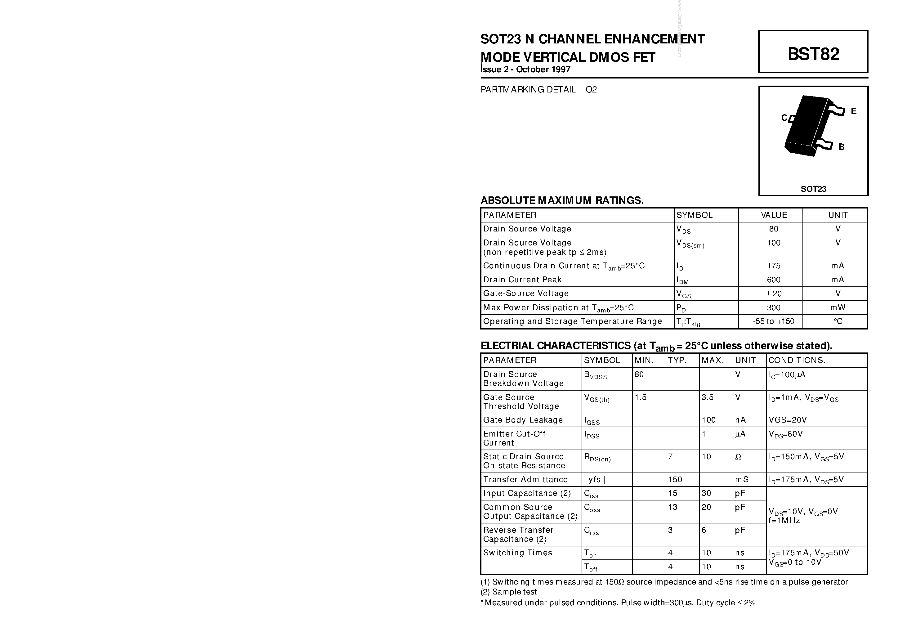 Datasheet BST82 - SOT23 N CHANNEL ENHANCEMENT MODE VERTICAL DMOS FET page 1