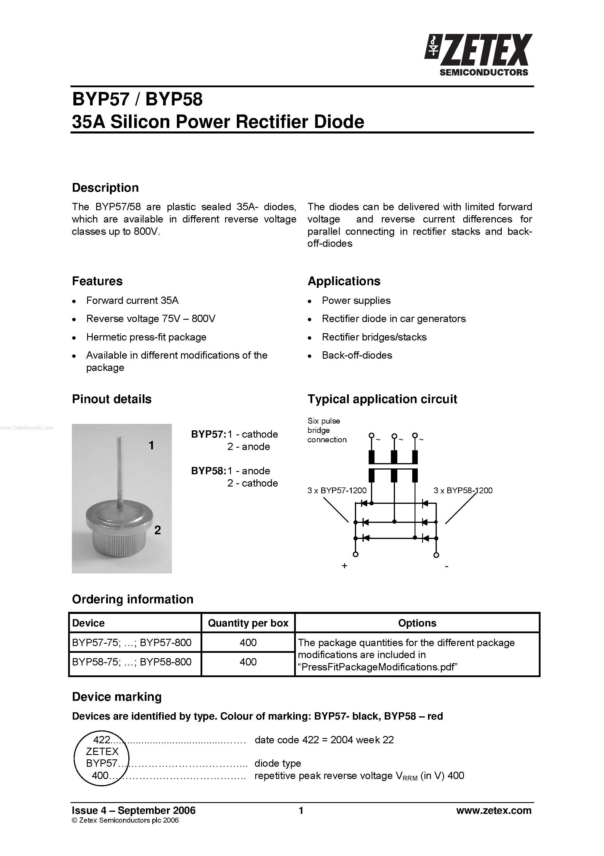 Datasheet BYP58 page 1 Datasheet BYP58 - (BYP57 / BYP58) Silicon Power Rectifier Diode page 1