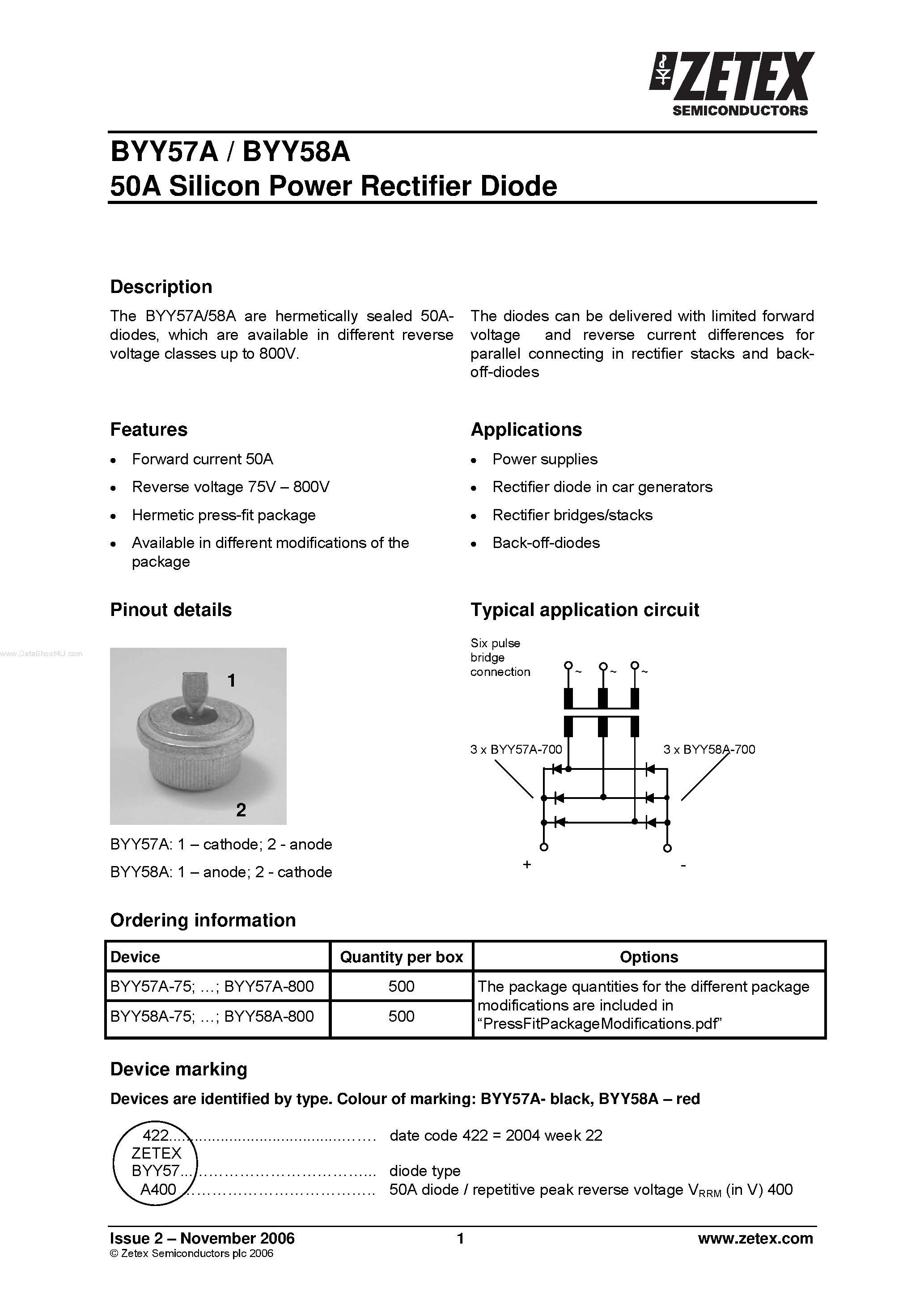 Даташит на микросхему BYY57A страница 1 Даташит BYY57A - (BYY57A / BYY58A) Silicon Power Rectifier Diode страница 1