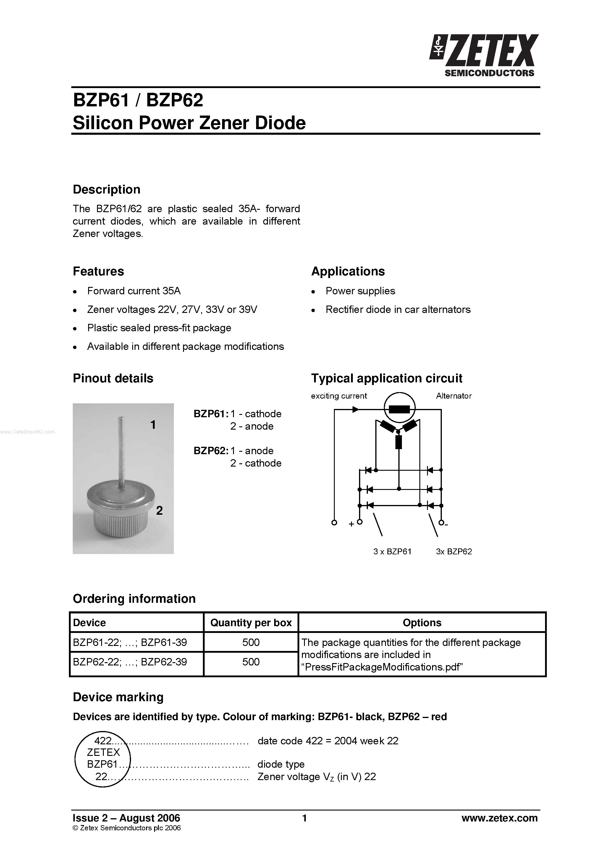Datasheet BZP61 page 1 Datasheet BZP61 - (BZP61 / BZP62) Silicon Power Zener Diode page 1