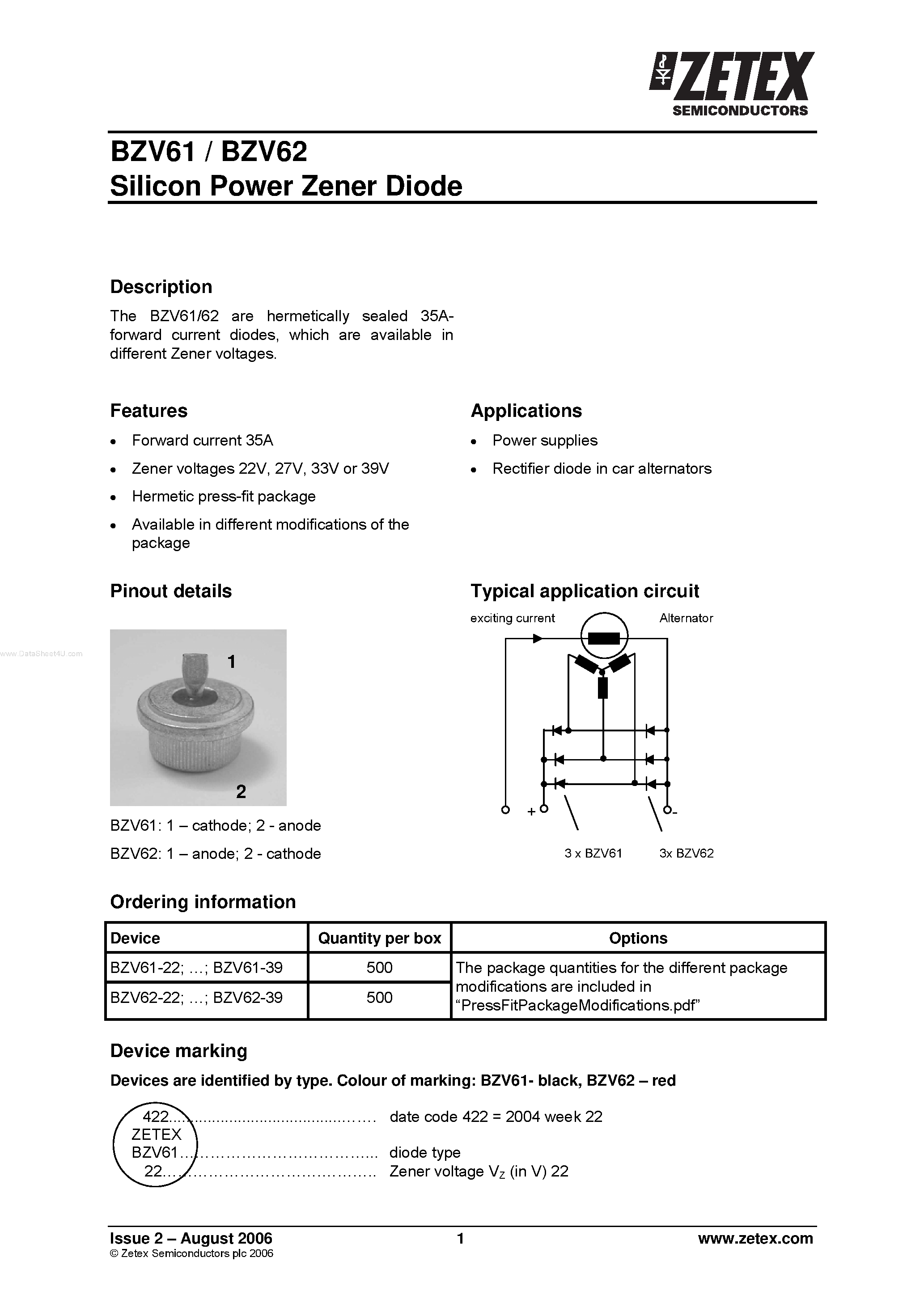 Datasheet BZV61 page 1 Datasheet BZV61 - (BZV61 / BZV62) Silicon Power Zener Diode page 1