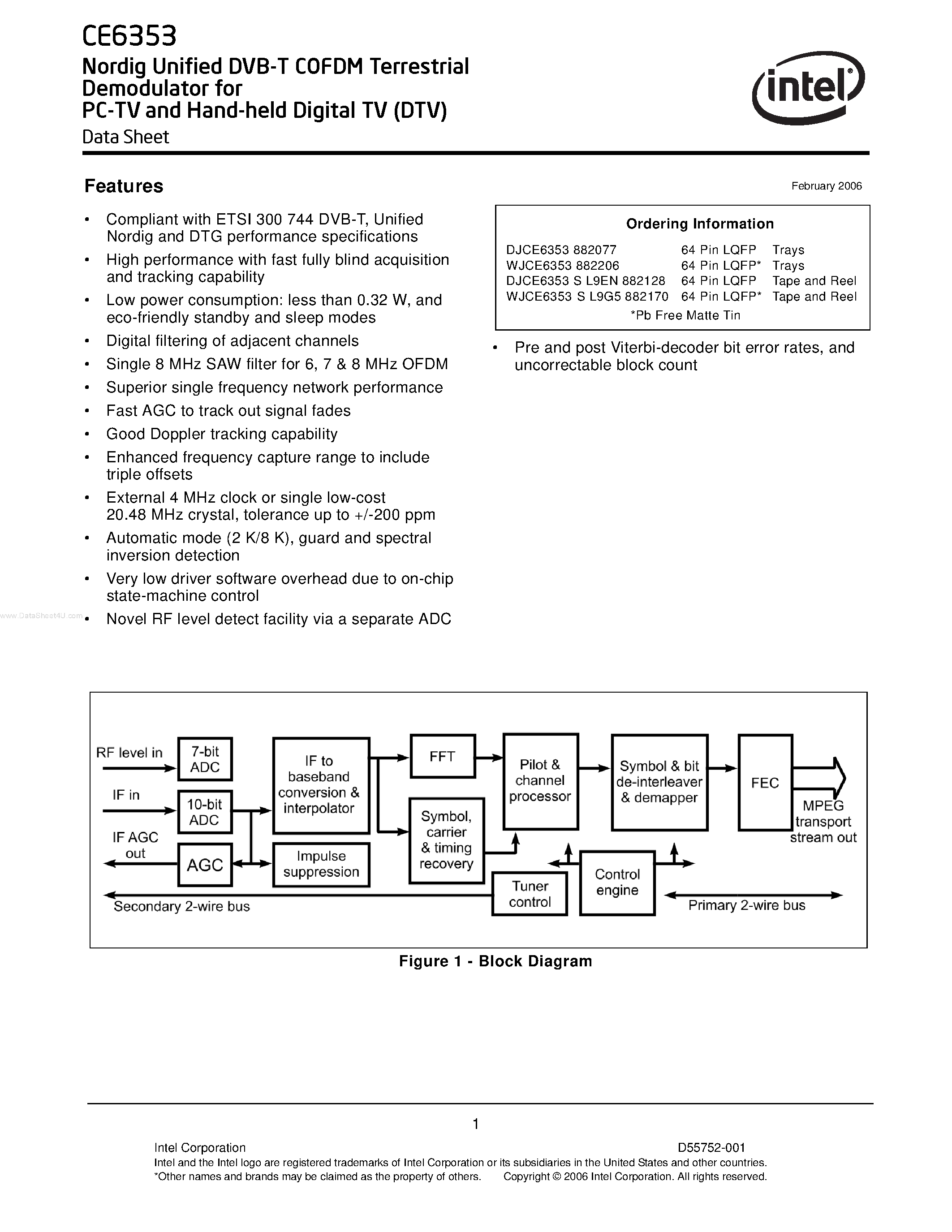 Datasheet CE6353 - Nordig Unified DVB-T COFDM Terrestrial Demodulator page 1
