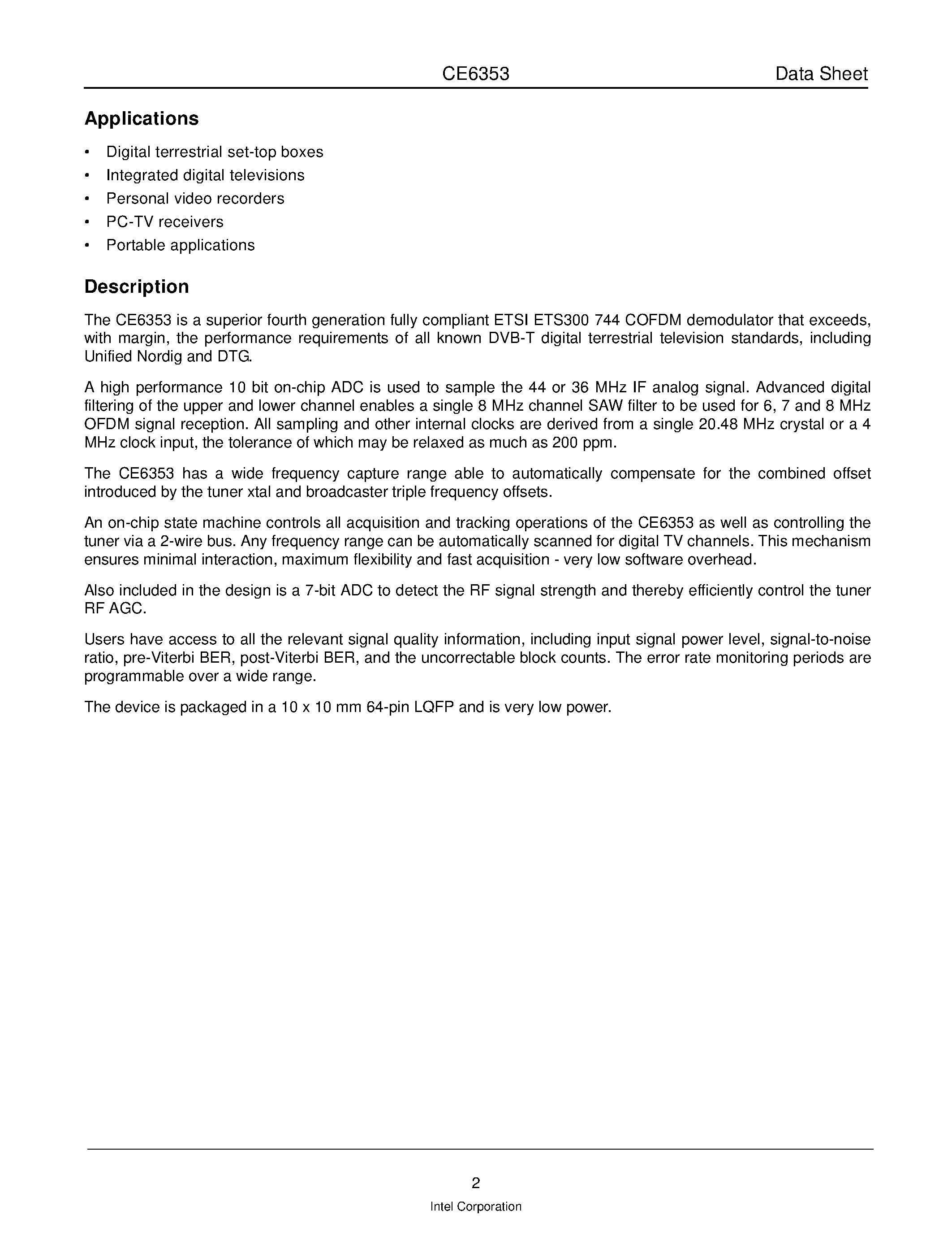 Datasheet CE6353 - Nordig Unified DVB-T COFDM Terrestrial Demodulator page 2