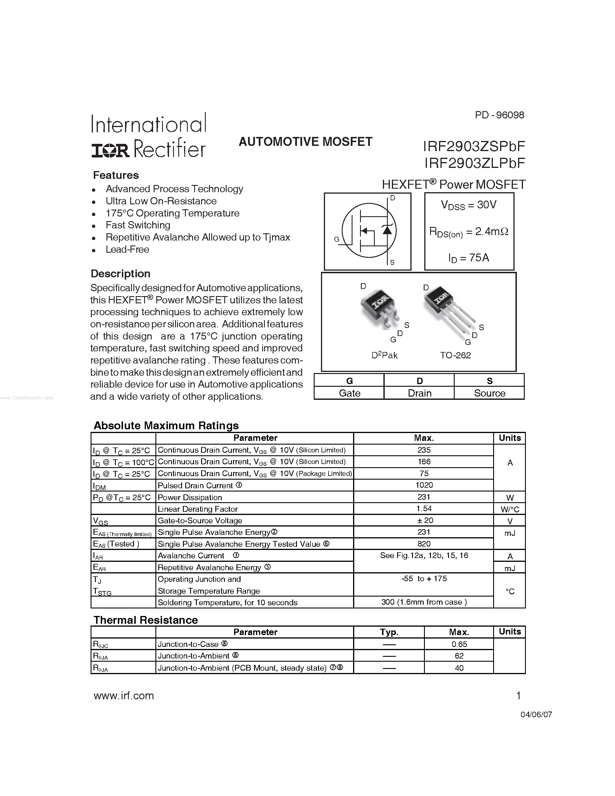 Datasheet IRF2903ZLPBF - AUTOMOTIVE MOSFET page 1