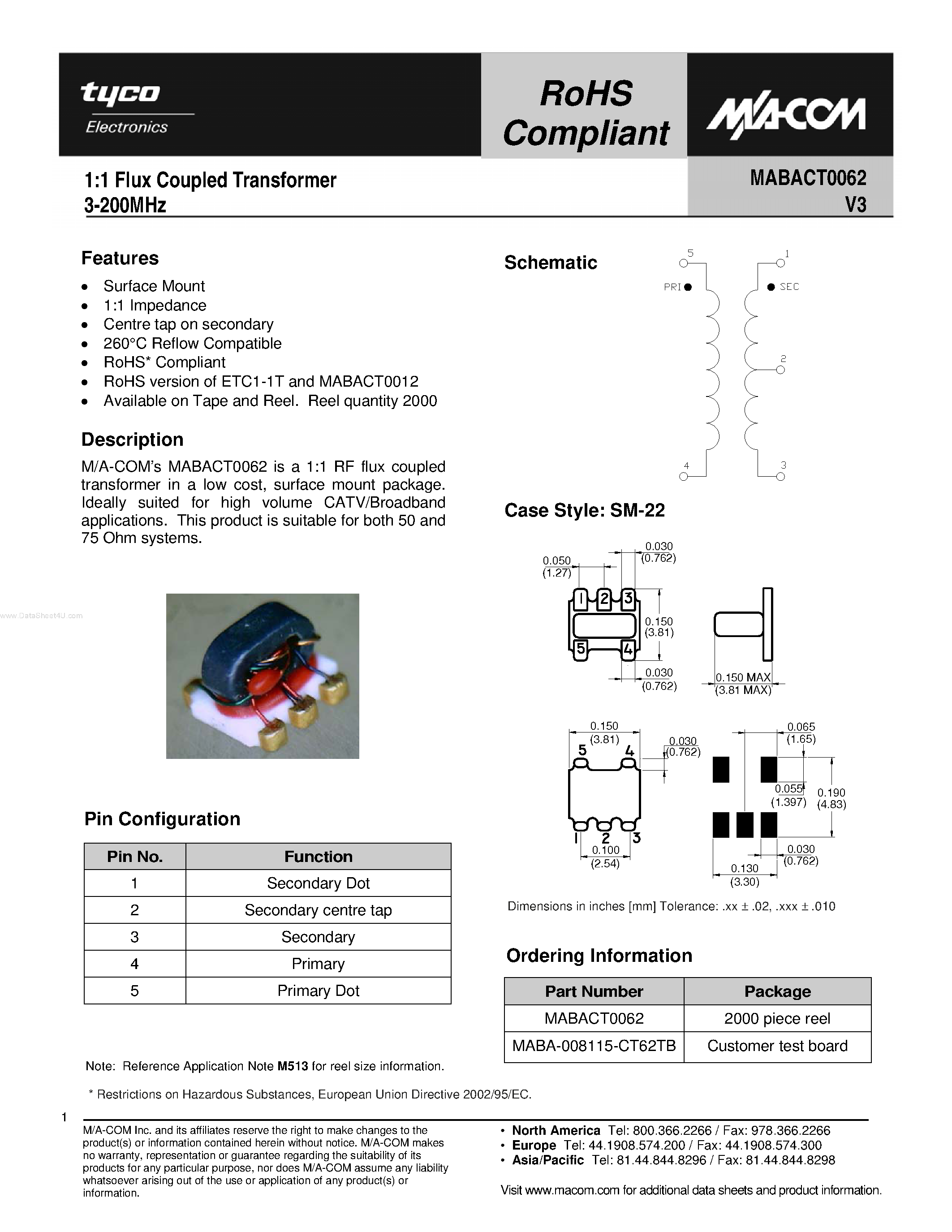 Даташит MABACT0062 - 1:1 Flux Coupled Transformer страница 1