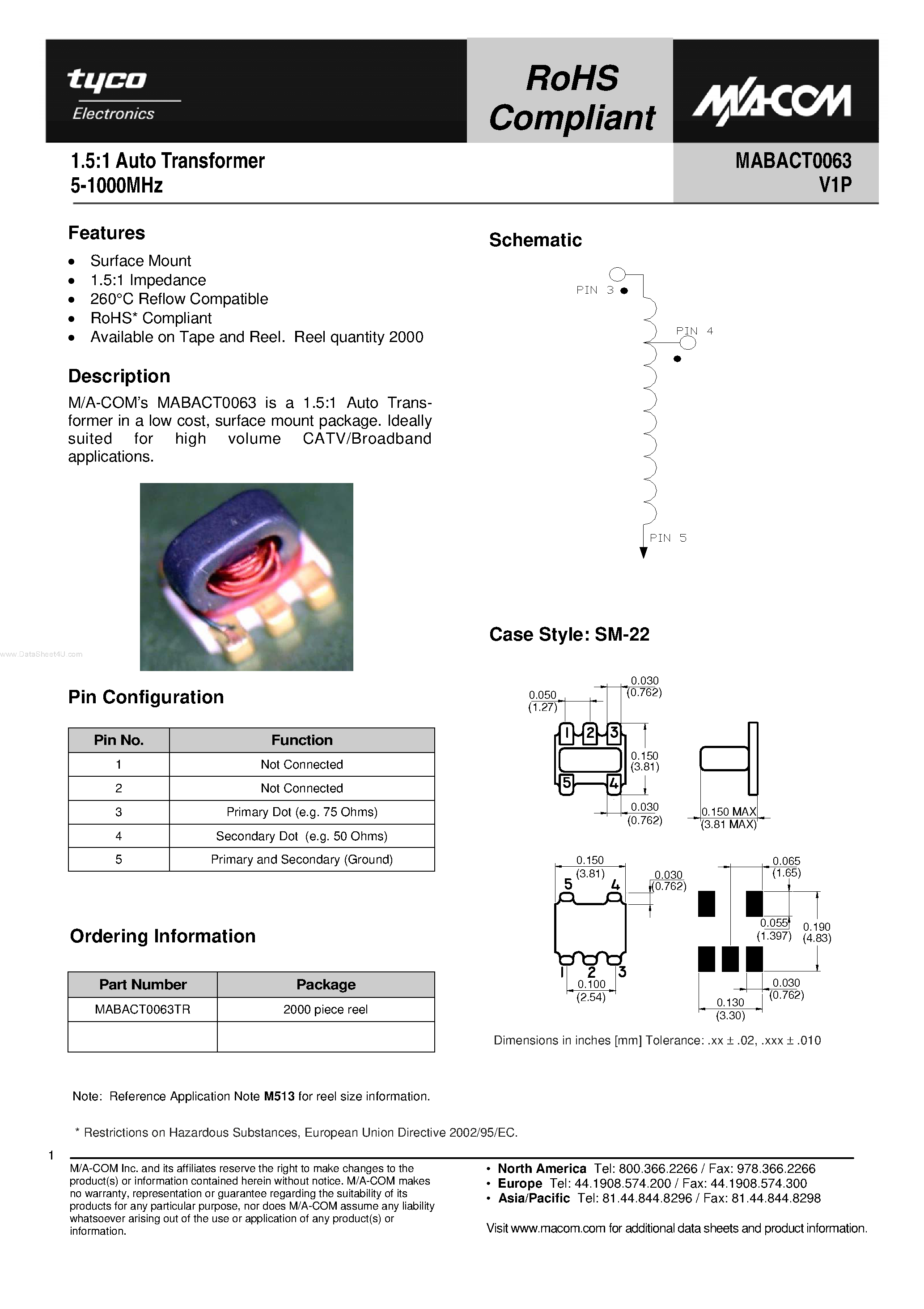 Datasheet MABACT0063 - 1.5:1 Auto Transformer page 1