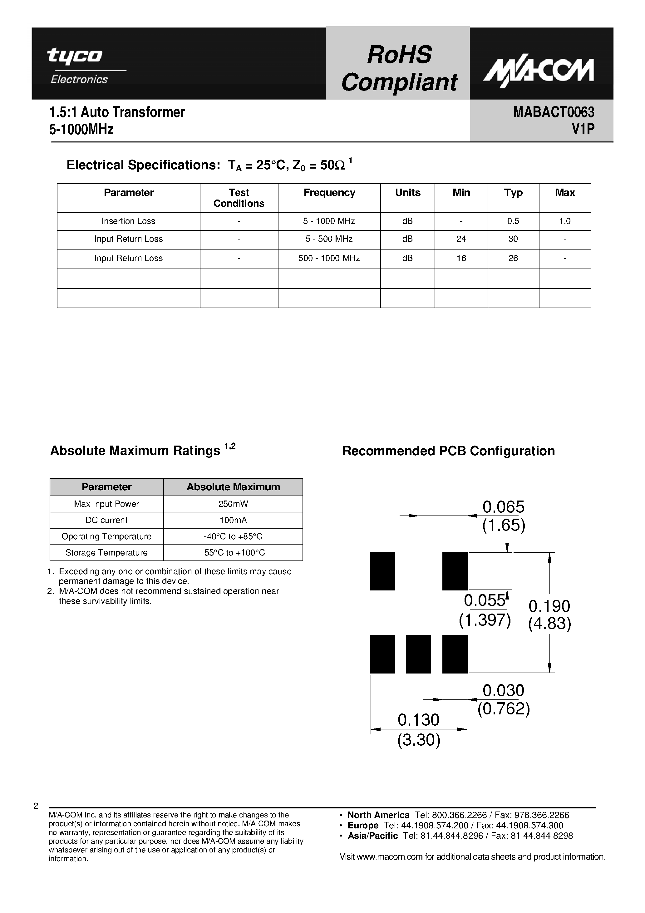 Datasheet MABACT0063 - 1.5:1 Auto Transformer page 2