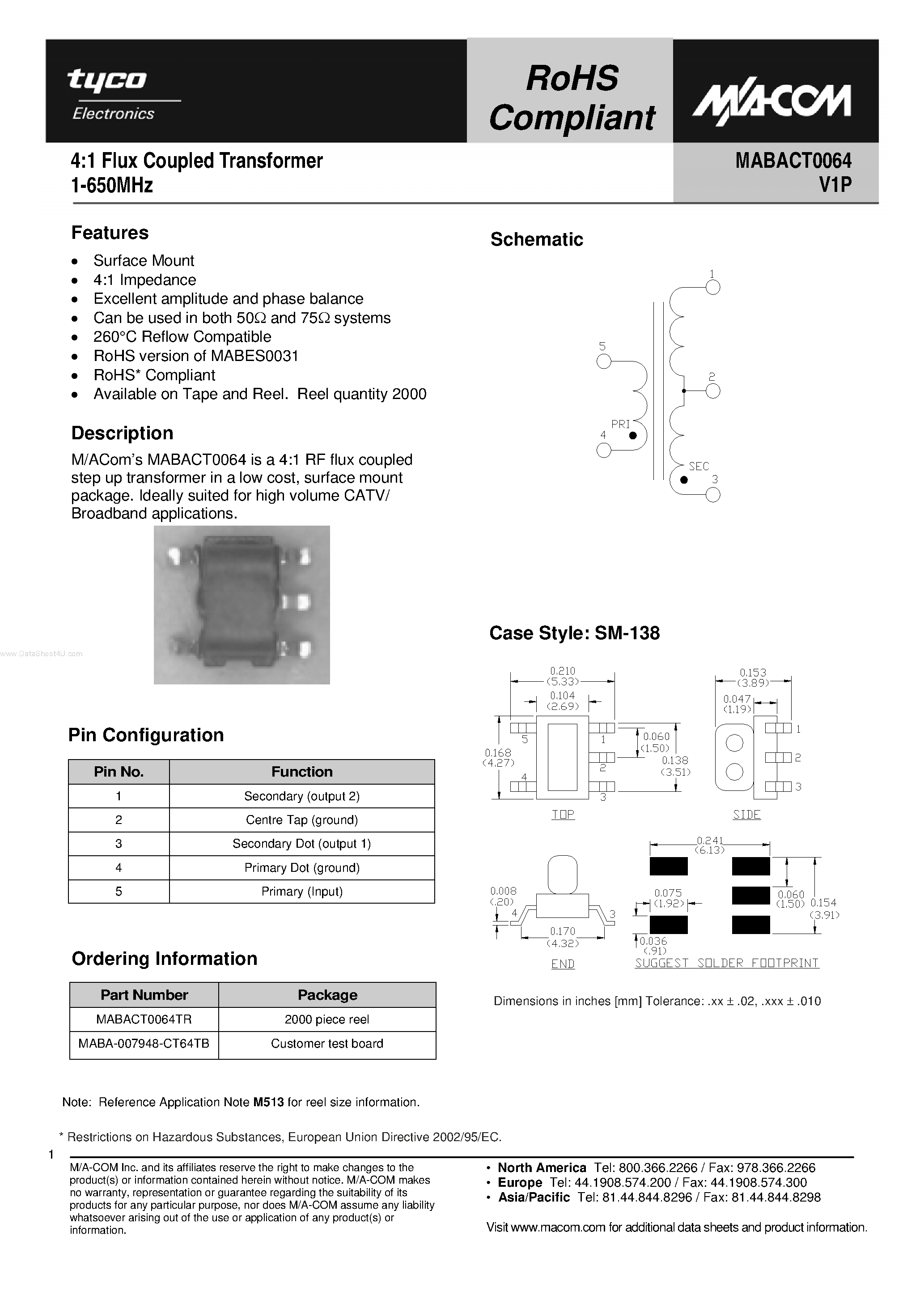 Datasheet MABACT0064 - 4:1 Flux Coupled Transformer page 1