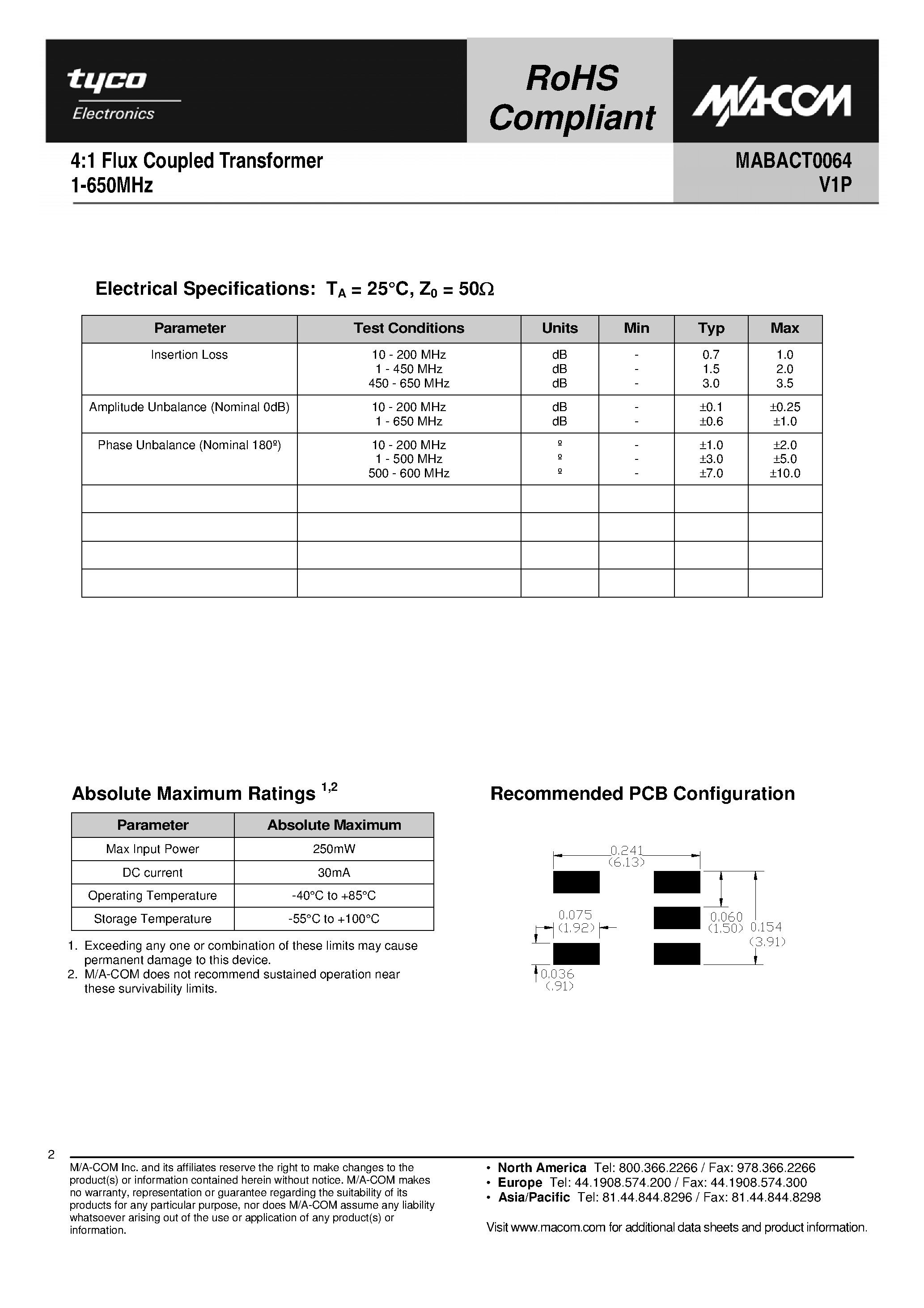 Datasheet MABACT0064 - 4:1 Flux Coupled Transformer page 2