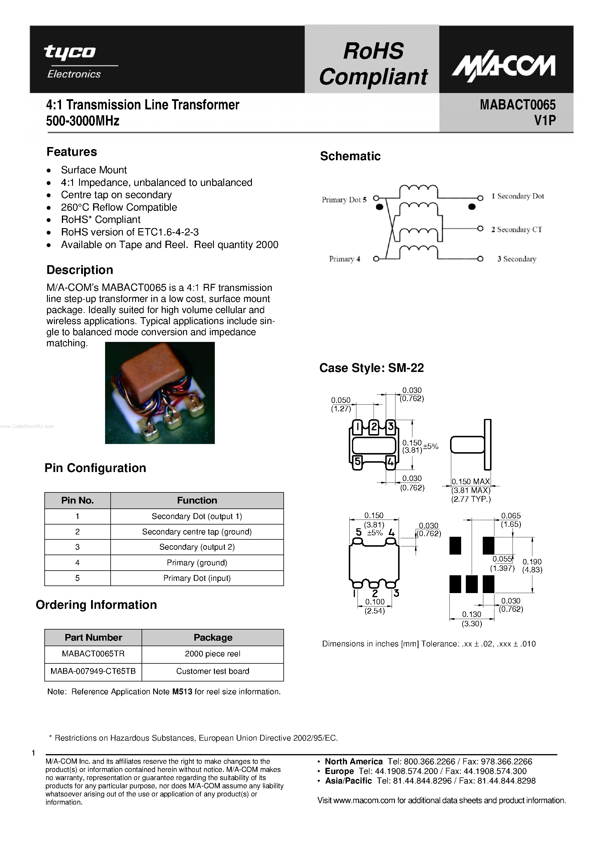 Datasheet MABACT0065 - 4:1 Transmission Line Transformer page 1