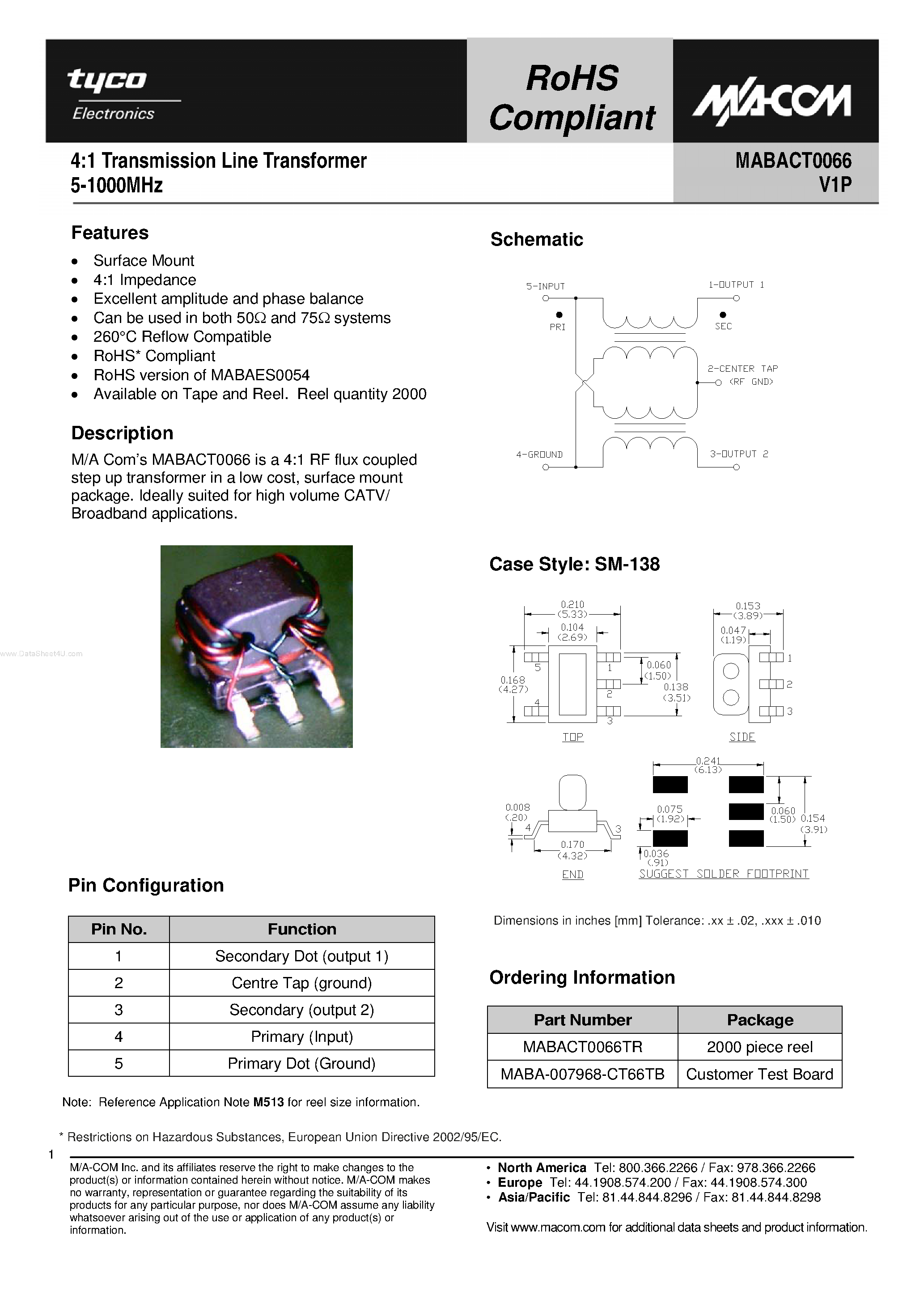 Datasheet MABACT0066 page 1 Datasheet MABACT0066 - 4:1 Transmission Line Transformer page 1