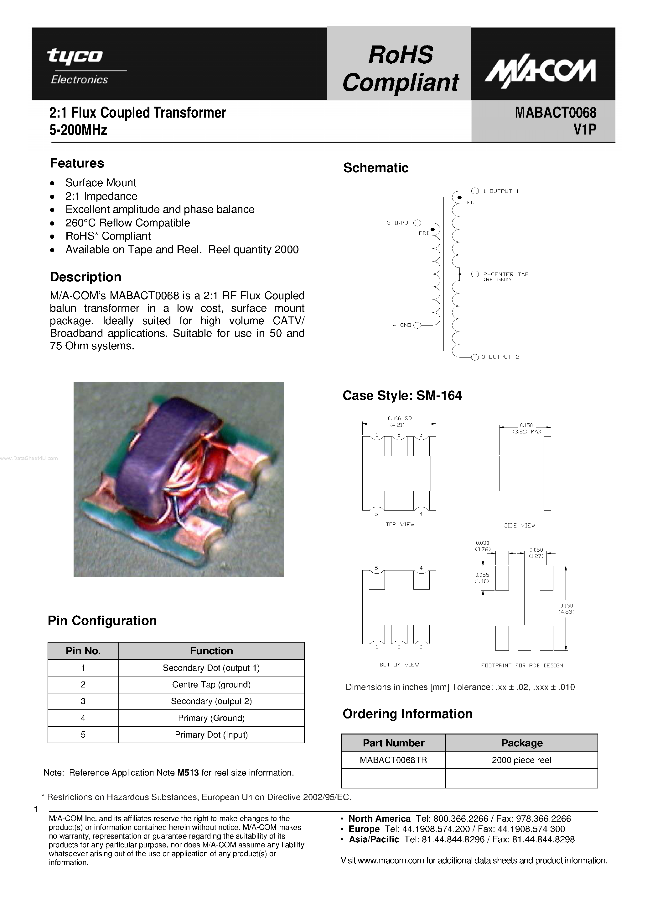 Datasheet MABACT0068 - 2:1 Flux Coupled Transformer page 1