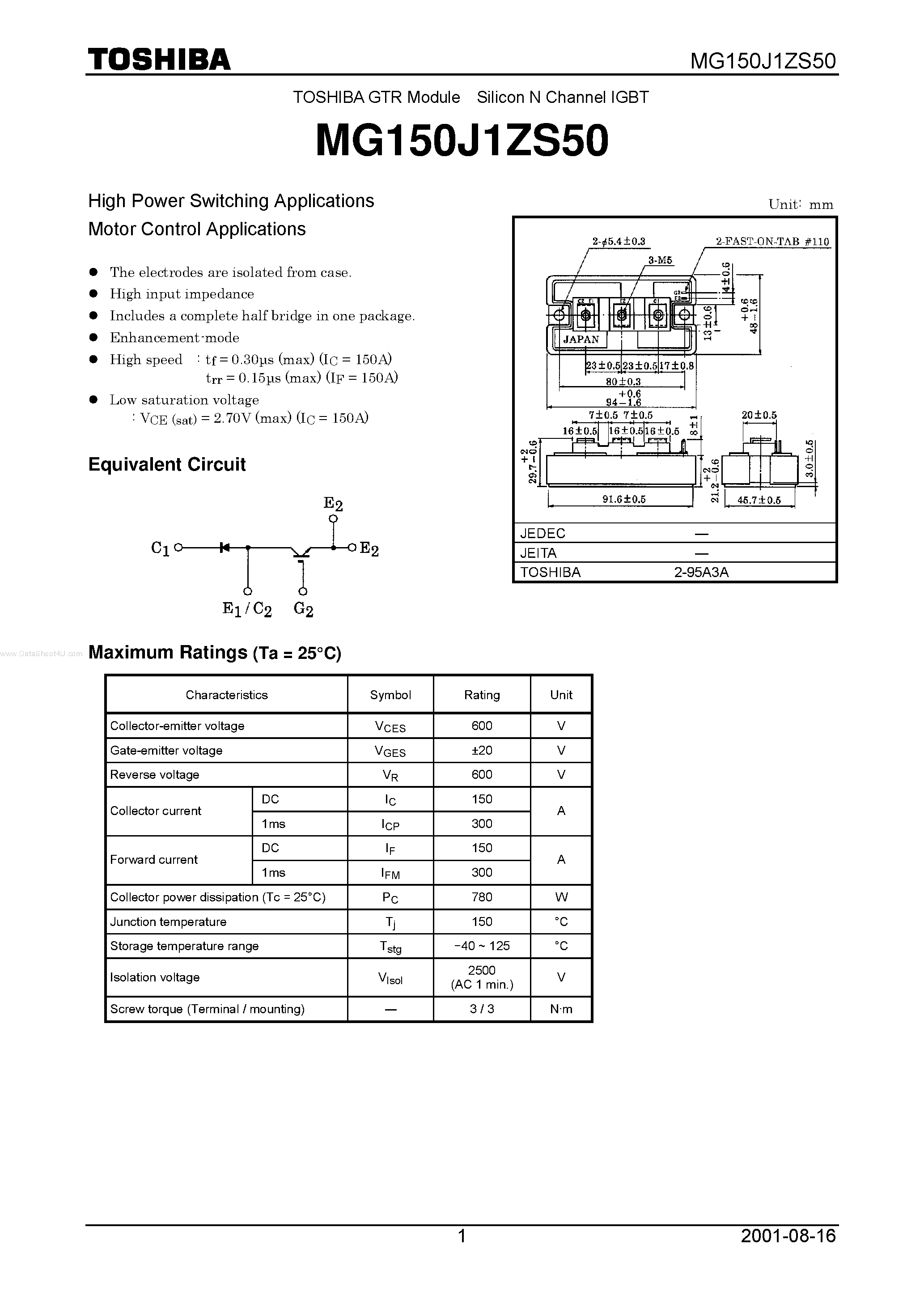 Datasheet MG150J1ZS50 - Silicon N Channel IGBT page 1