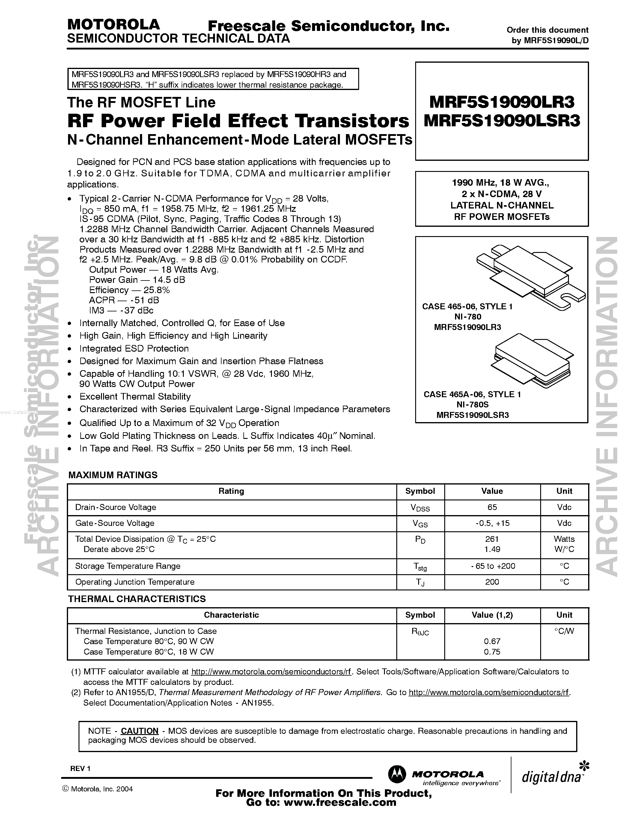 Datasheet MRF5S19090LR3 - N-CHANNEL RF POWER MOSFETs page 1