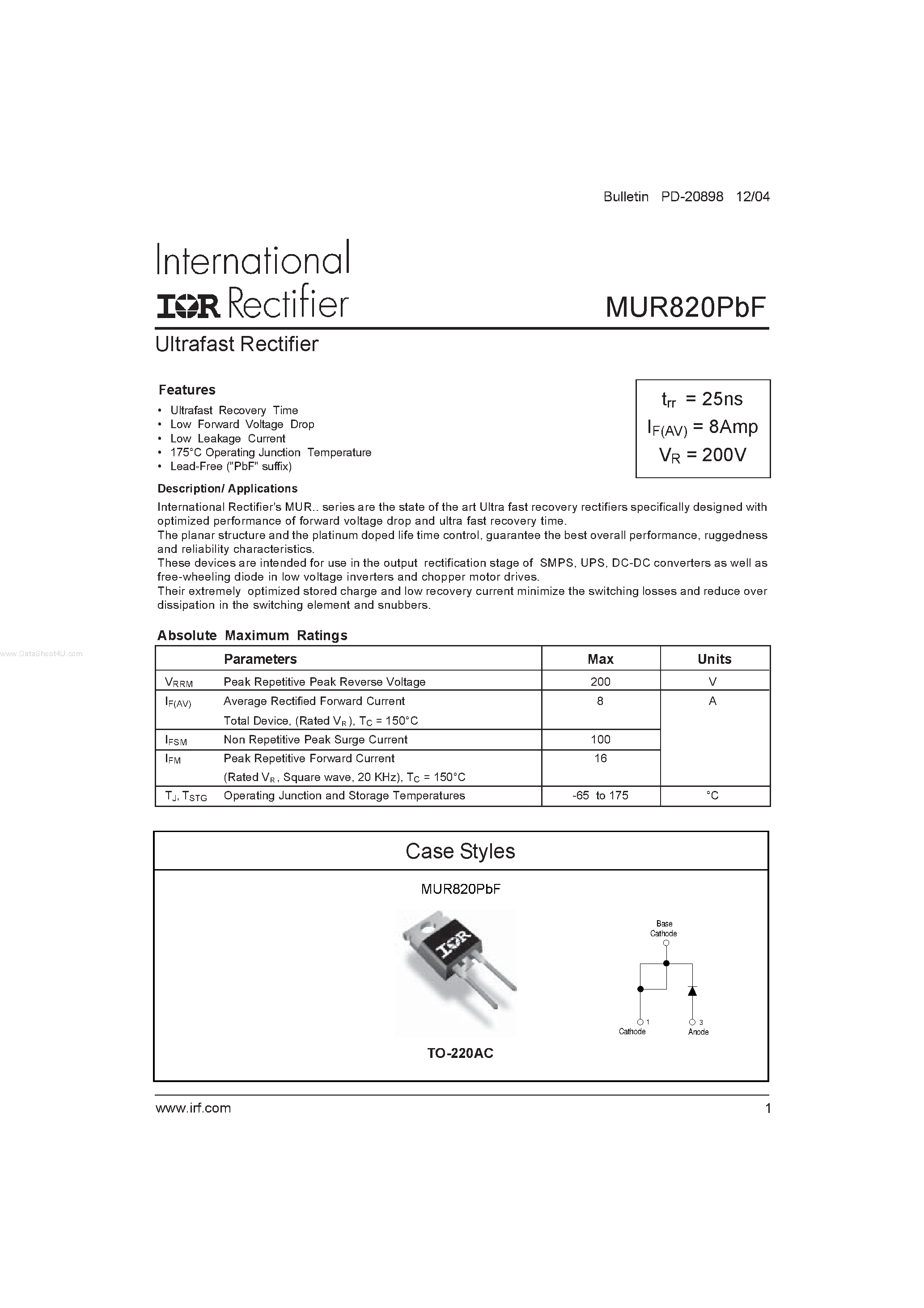 Datasheet MUR820PBF - Ultrafast Rectifier page 1