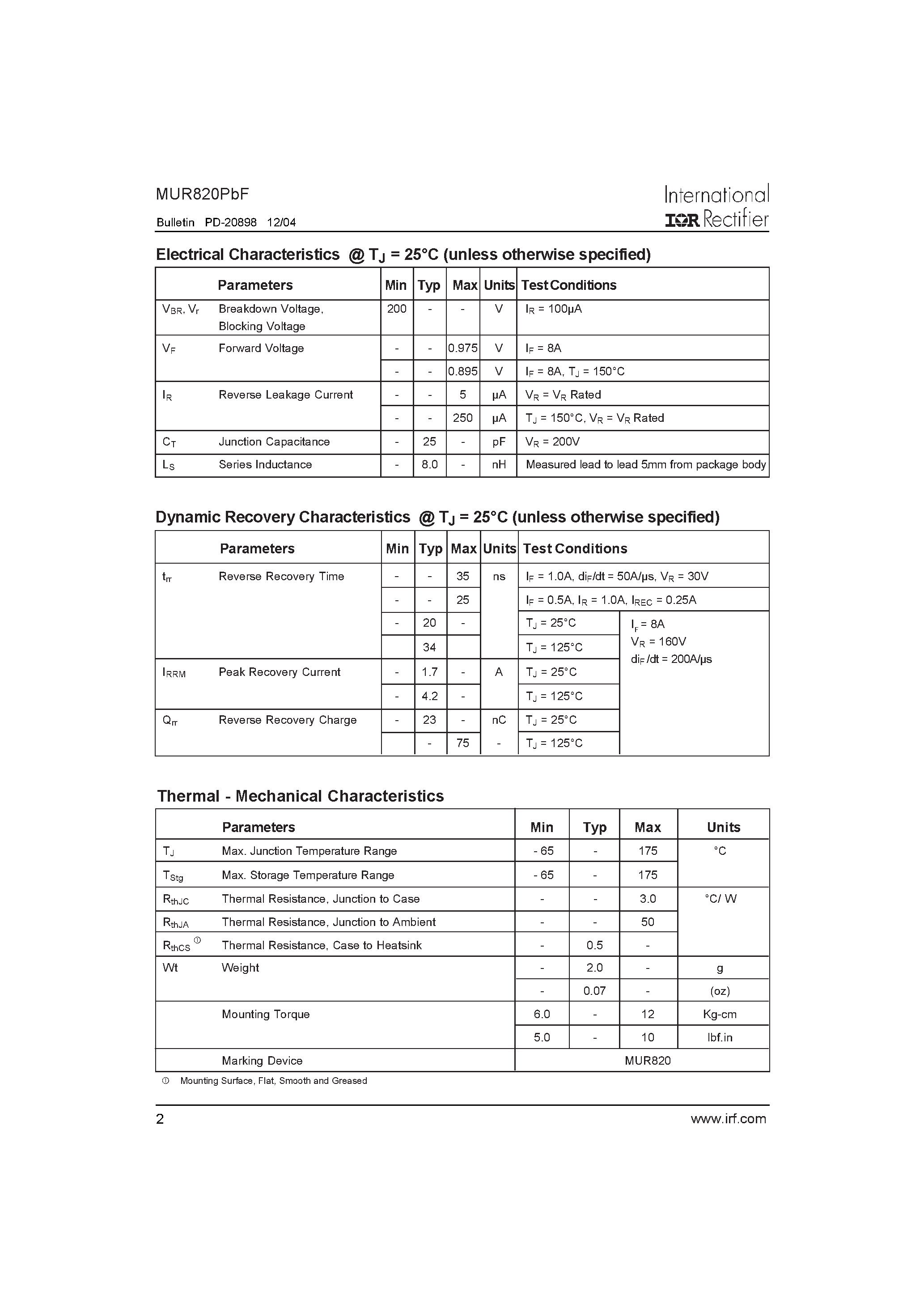 Datasheet MUR820PBF - Ultrafast Rectifier page 2