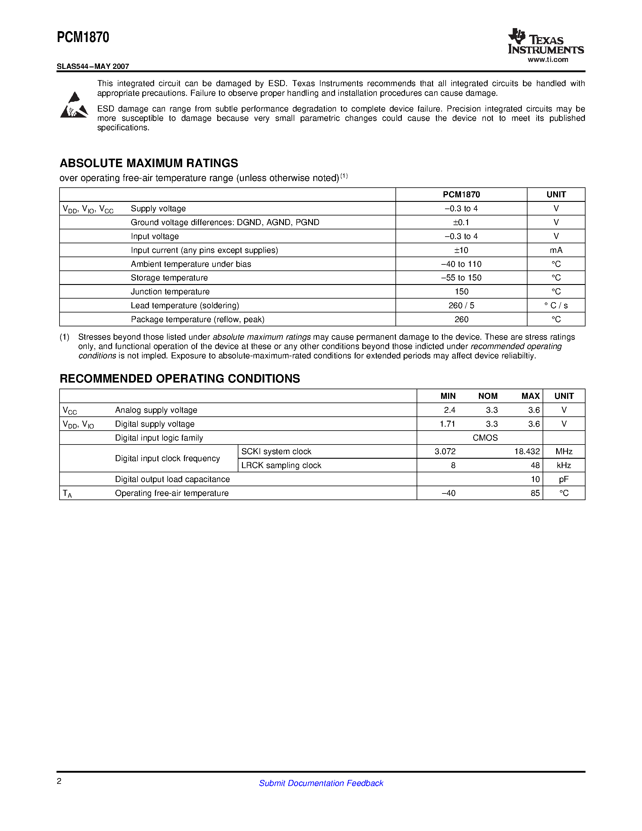 Datasheet PCM1870 - 16-Bit Low-Power Stereo Audio ADC page 2