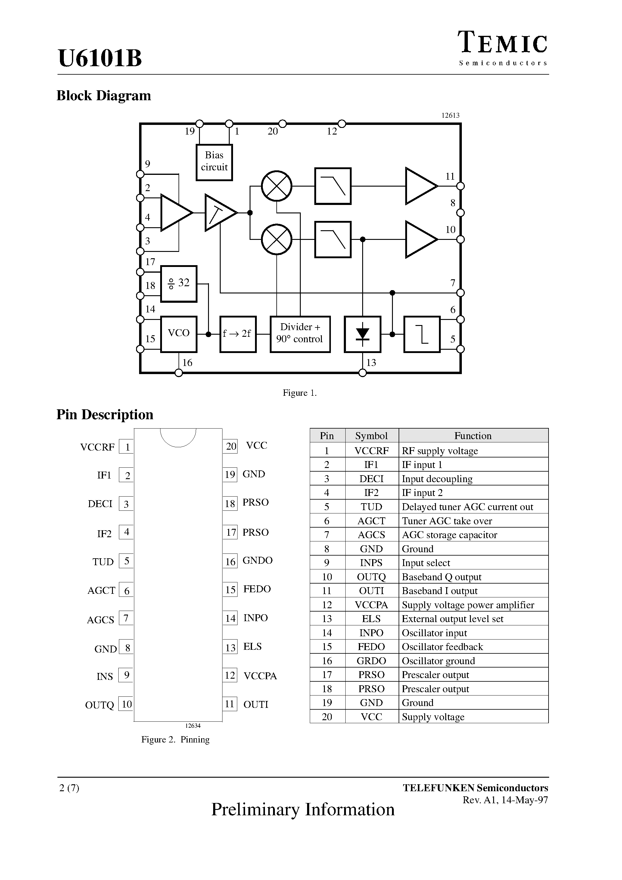 Даташит U6101B - IF System and I/Q Demodulator страница 2