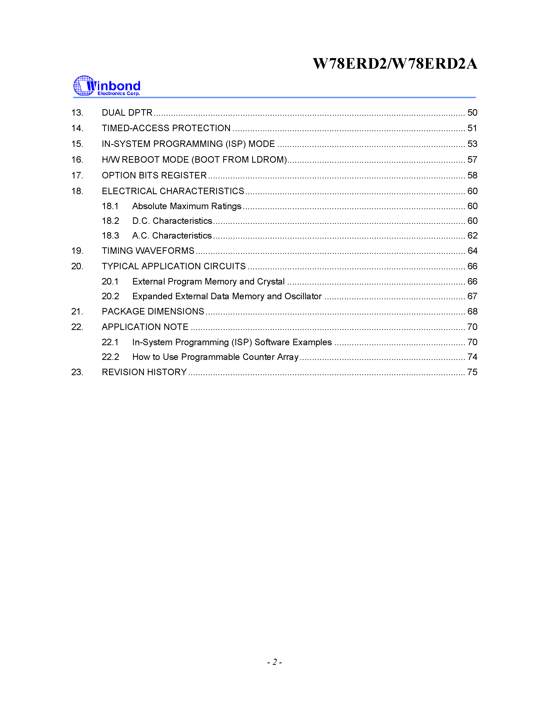 Datasheet W78ERD2 page 2 Datasheet W78ERD2 - 8-BIT MICROCONTROLLER page 2