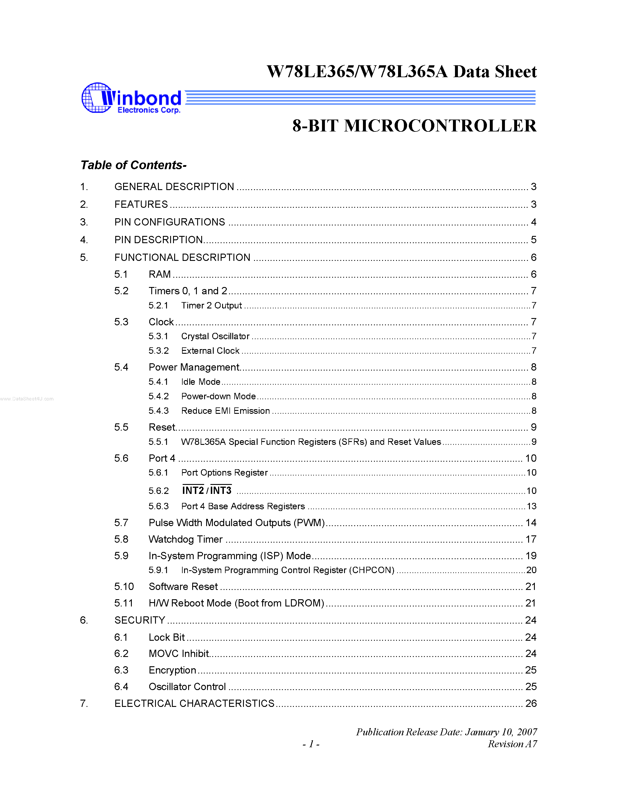 Даташит W78L365A - 8-BIT MICROCONTROLLER страница 1