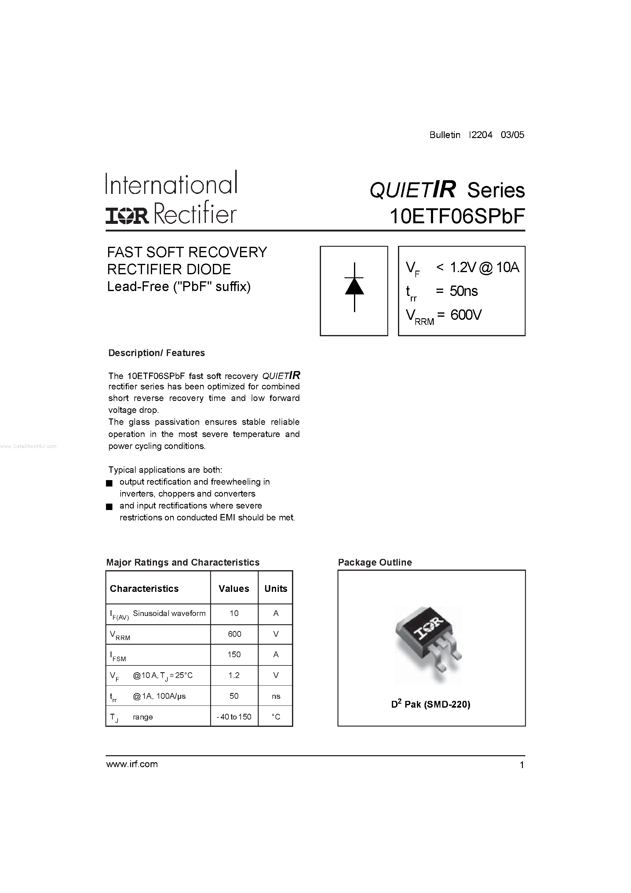 Datasheet 10ETF06SPBF - FAST SOFT RECOVERY RECTIFIER DIODE page 1